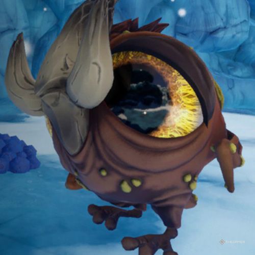 A big-eyed and tusked Pufferbird is standing in the ice cave in Journey To The Savage Planet.