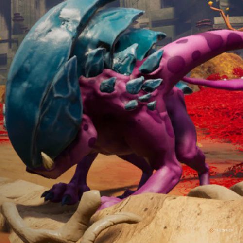 A blue-armored Kapyena is standing on a rock that resembles a tree stump. in Journey To The Savage Planet.