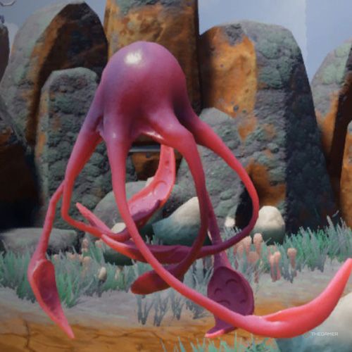 A pink coloured Prime Jellywaft is floating on the air in Journey To The Savage Planet.