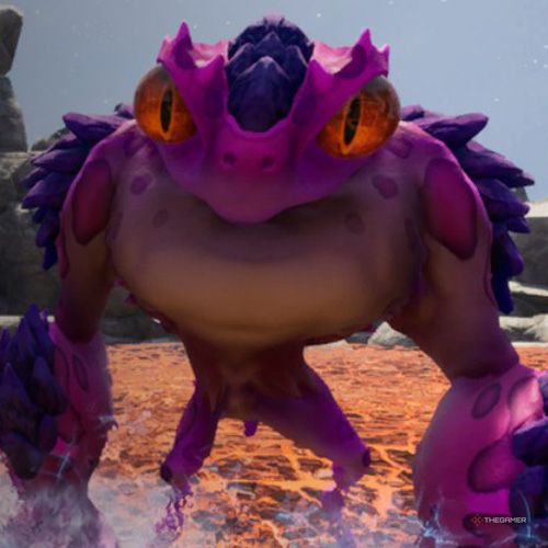 A purple Slamphibian is standing on a web-like sticky surface in Journey To The Savage Planet.