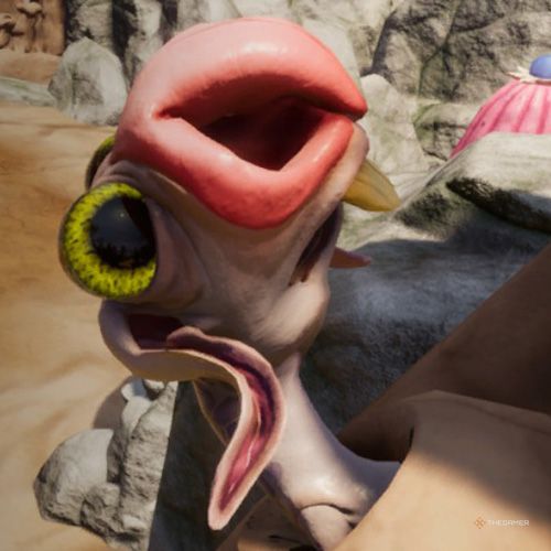 A Schnozo is sticking its head out of a hole in the rock in Journey To The Savage Planet.