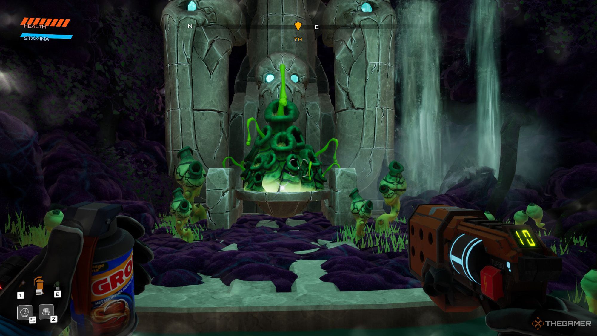 A shrine has Blight Bomb Stabilizer above it in Journey To The Savage Planet.