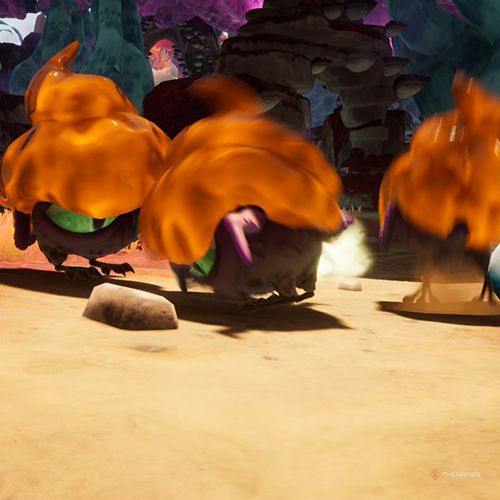 Amber-armored Pufferbirds are gathering at a single spot to eat the bait in Journey To The Savage Planet.