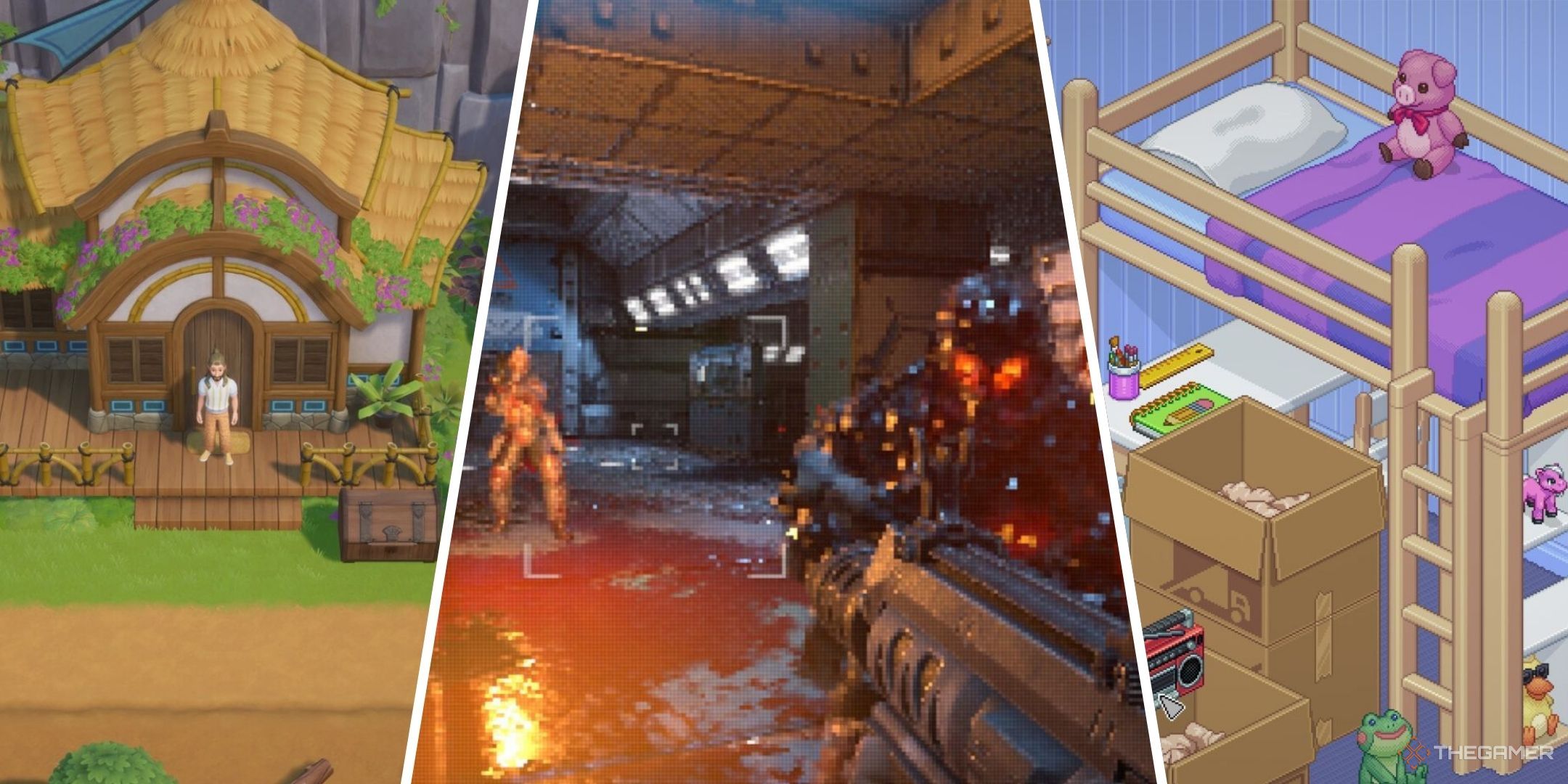 Three-image collage of a player leaving a house in Coral Island, a shotgun aimed at pixelated monsters in Prodeus, and a bedroom with unpacked boxes in Unpacking.