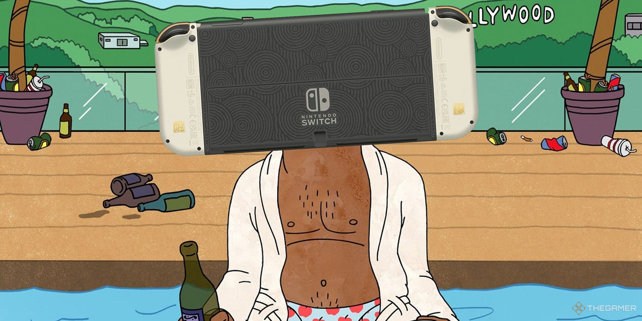 Bojack Horseman in a pool holding a bottle of beer but his head is a limited edition Zelda Switch OLED