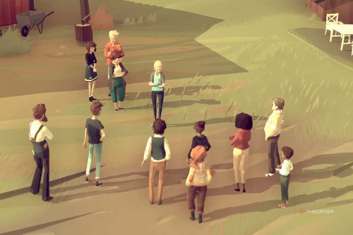 All of the villagers gathered outside a red farmhouse.