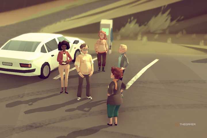 Jasper, Pia, Galya, Leigh and Blanche standing in the parking lot with a single white car.