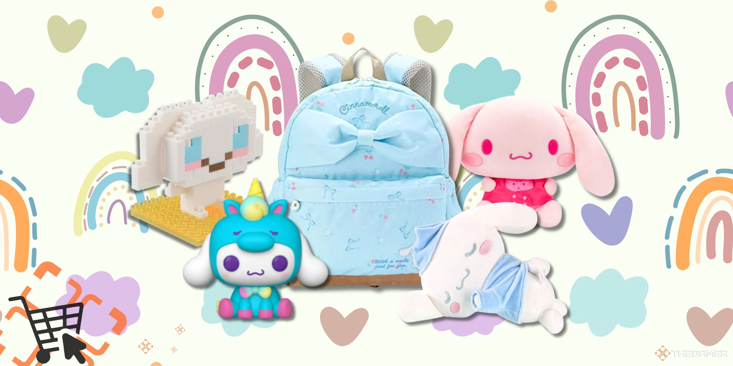 Collage image featuring a Cinnamon Roll themed Backback and toys