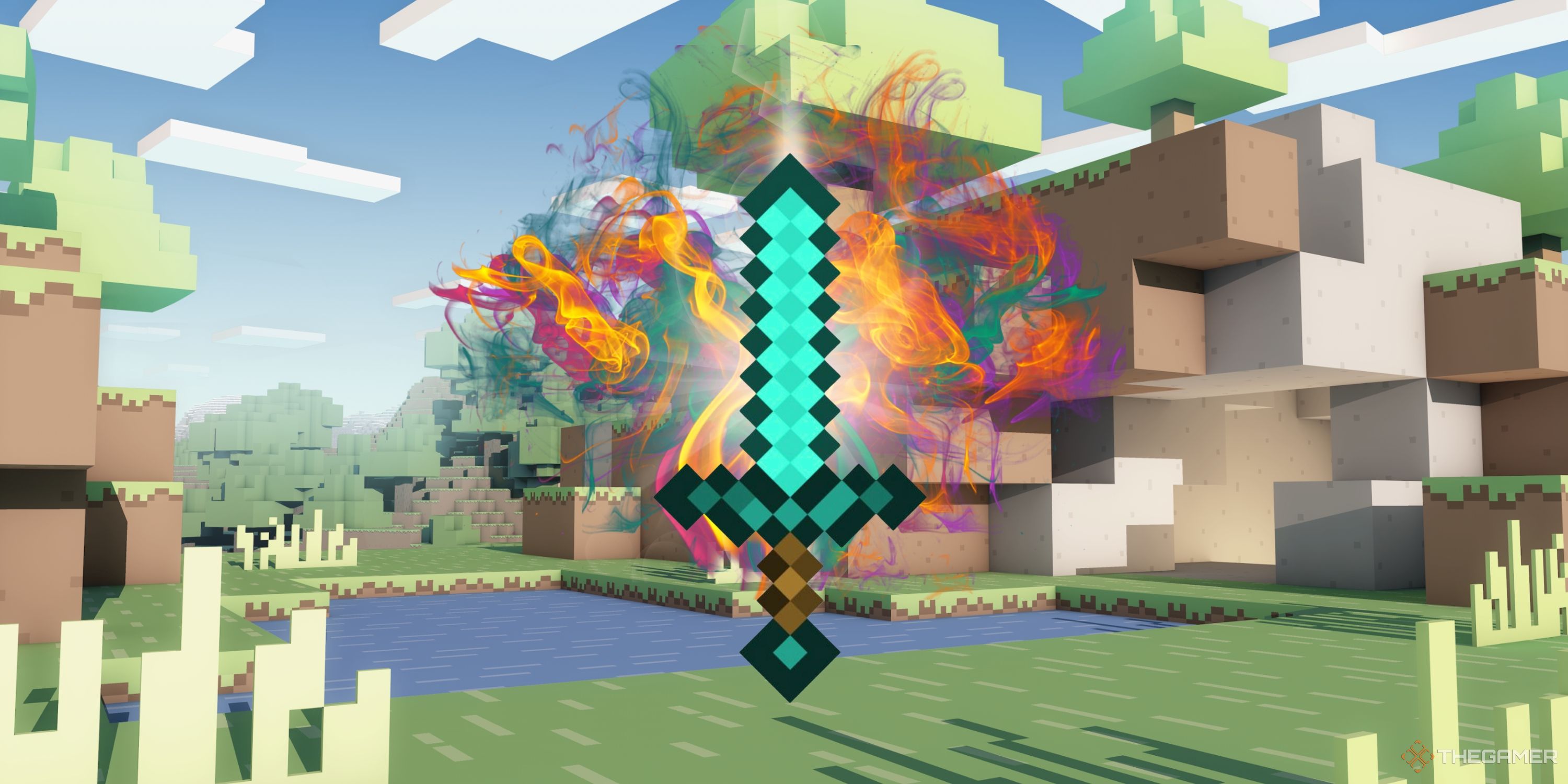 Collage image featuring a minecraft sword with multi colored flames around it