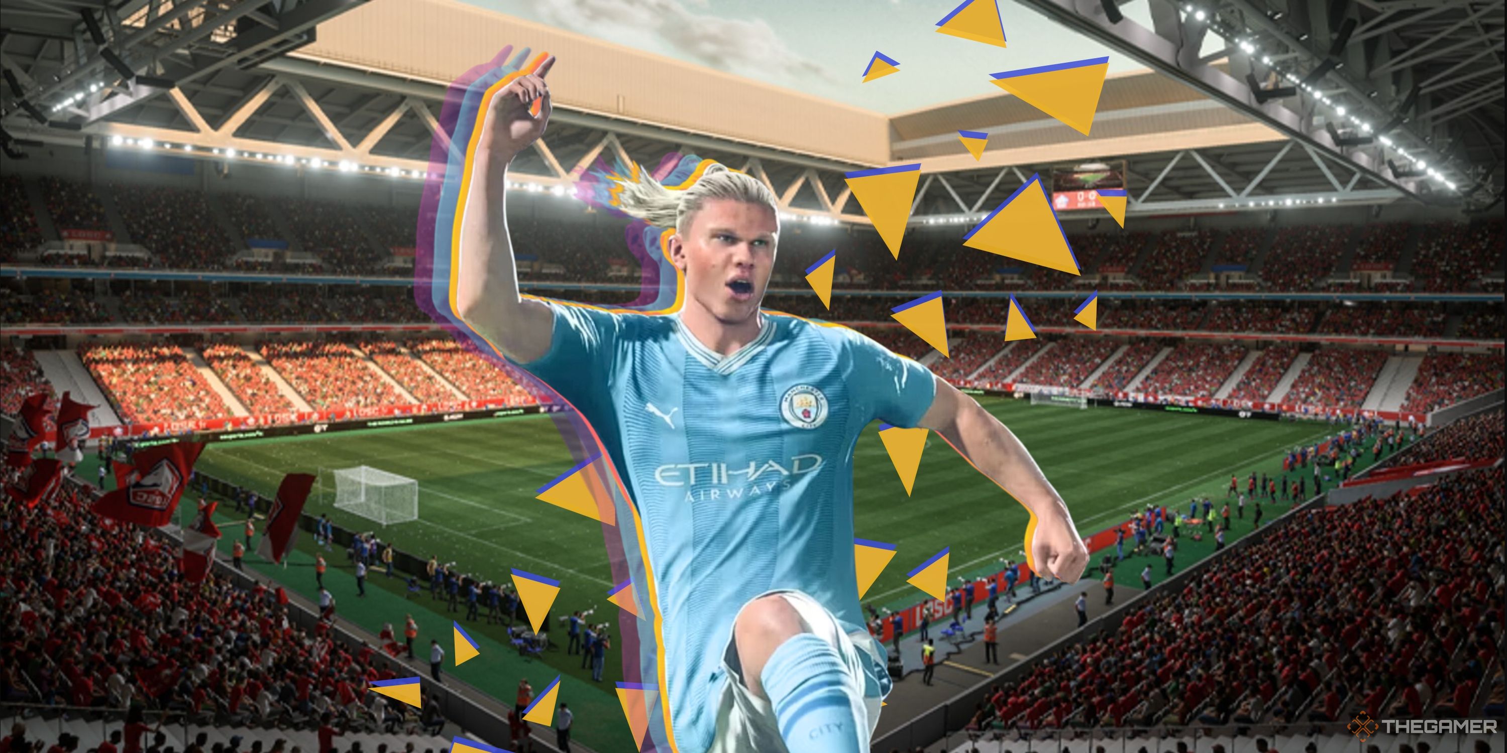 Collage image featuring blonde soccer player jumping with finger pointing up with a soccer stadium behind them
