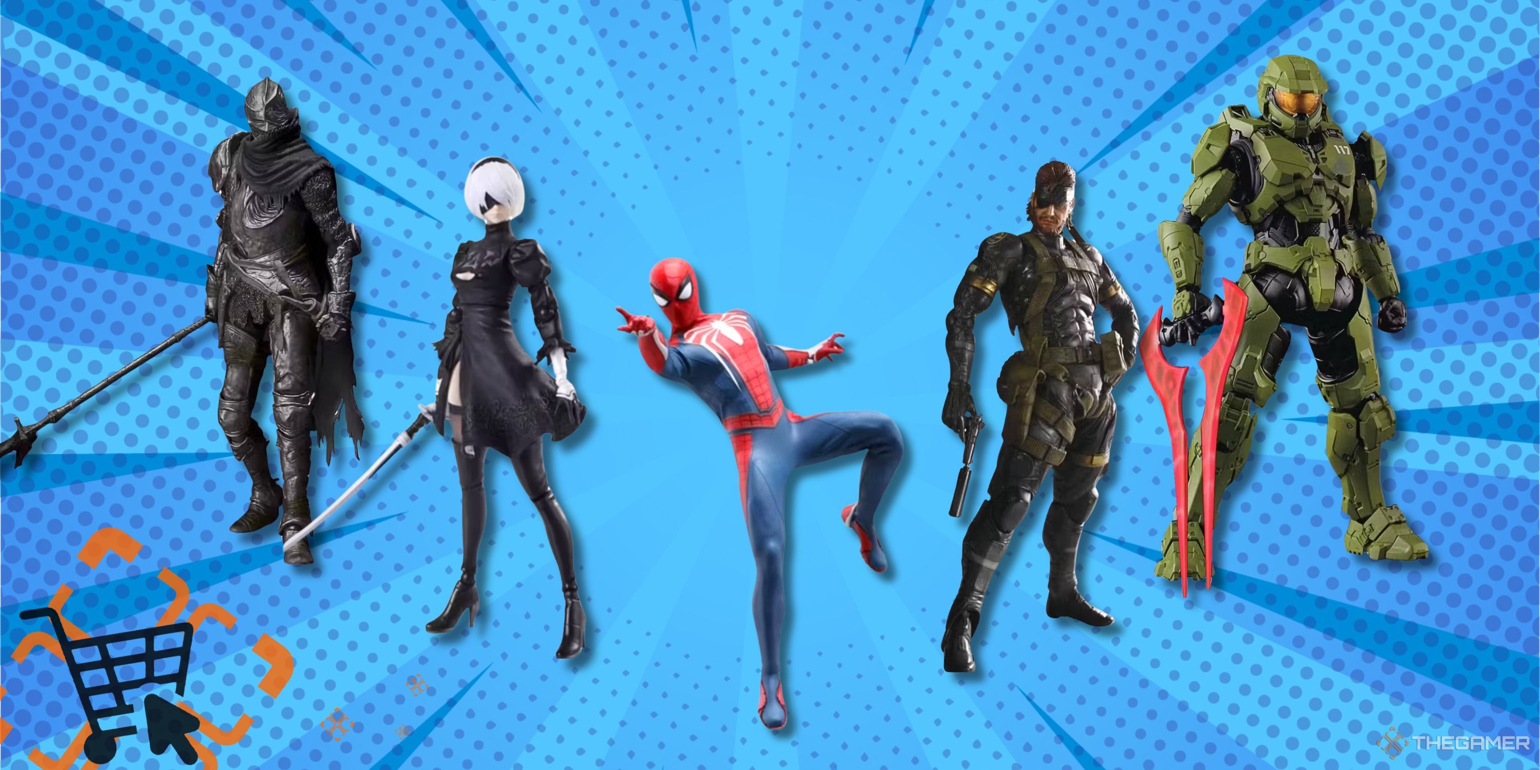 Collage image featuring Elden Ring, Neir Automata, Spiderman, Solid Snake, Master Chief figures in front of a comic book styled background