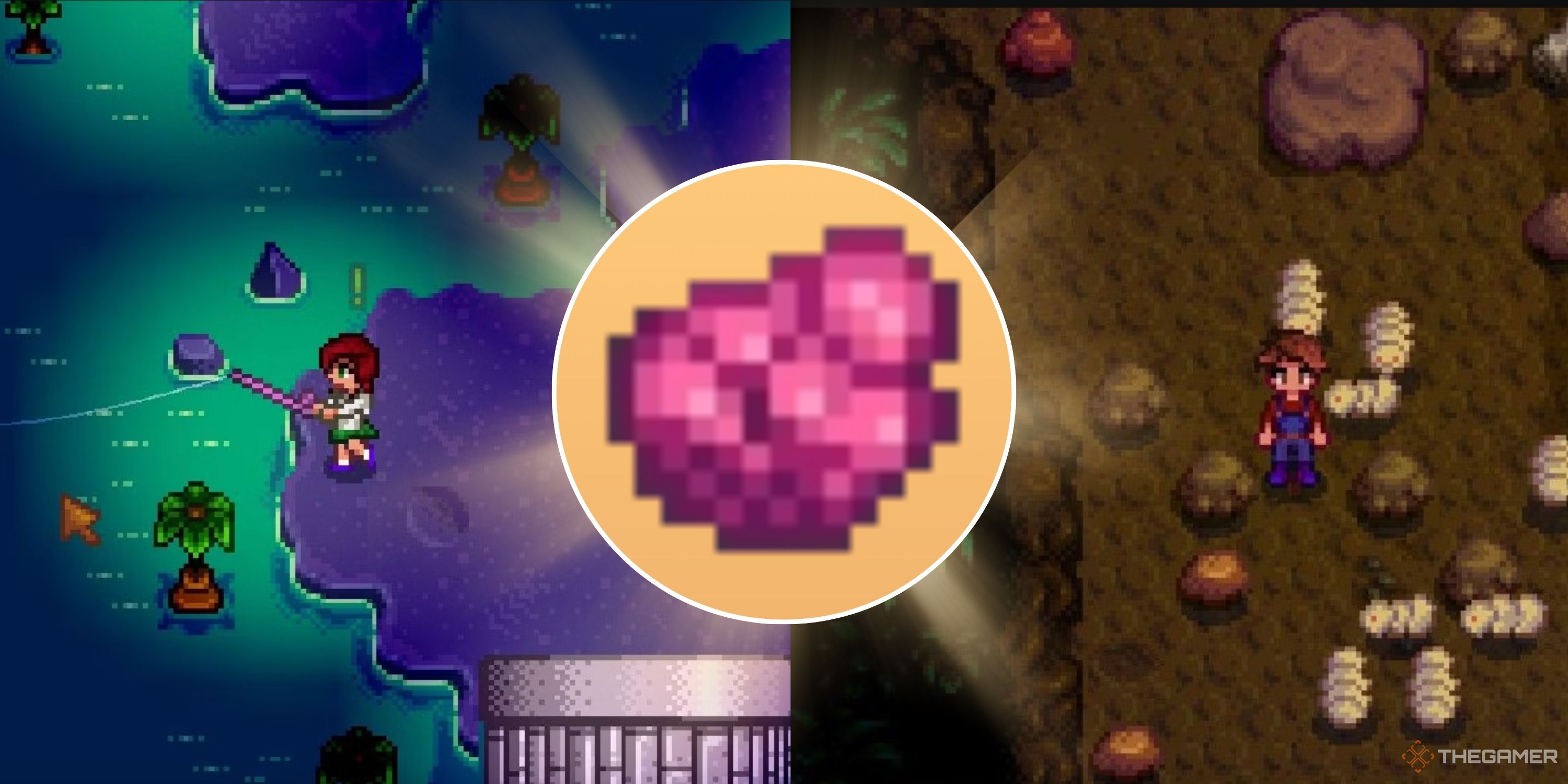 Collage image featuring Stardew Valley player fishing, exploring the mines, and a close up of bug meat