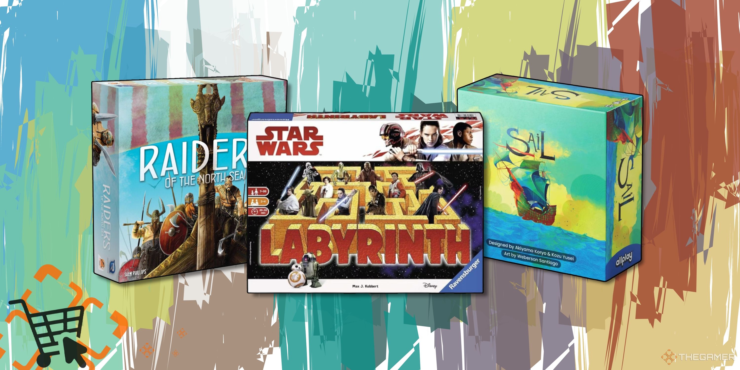Collage image featuring three board games (Raiders of the North Sea, Star Wars Labyrinth, and Sail) overlayed on a paint stroke styled background
