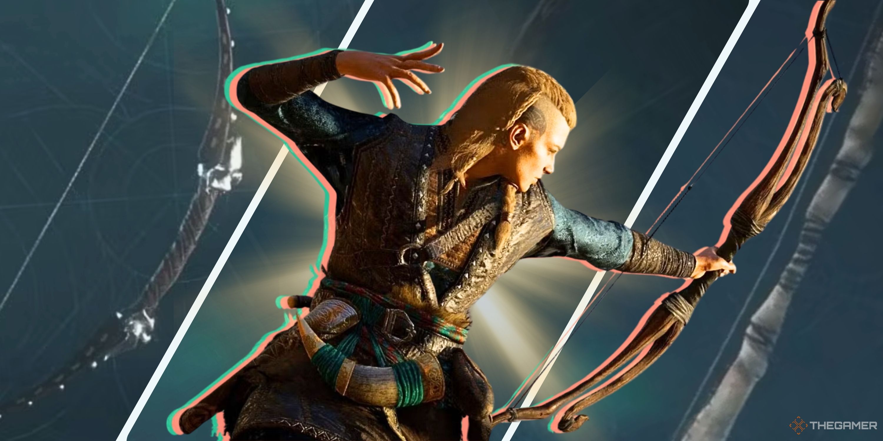 Collage image featuring three bows and the character player from Assassin's Creed Valhalla