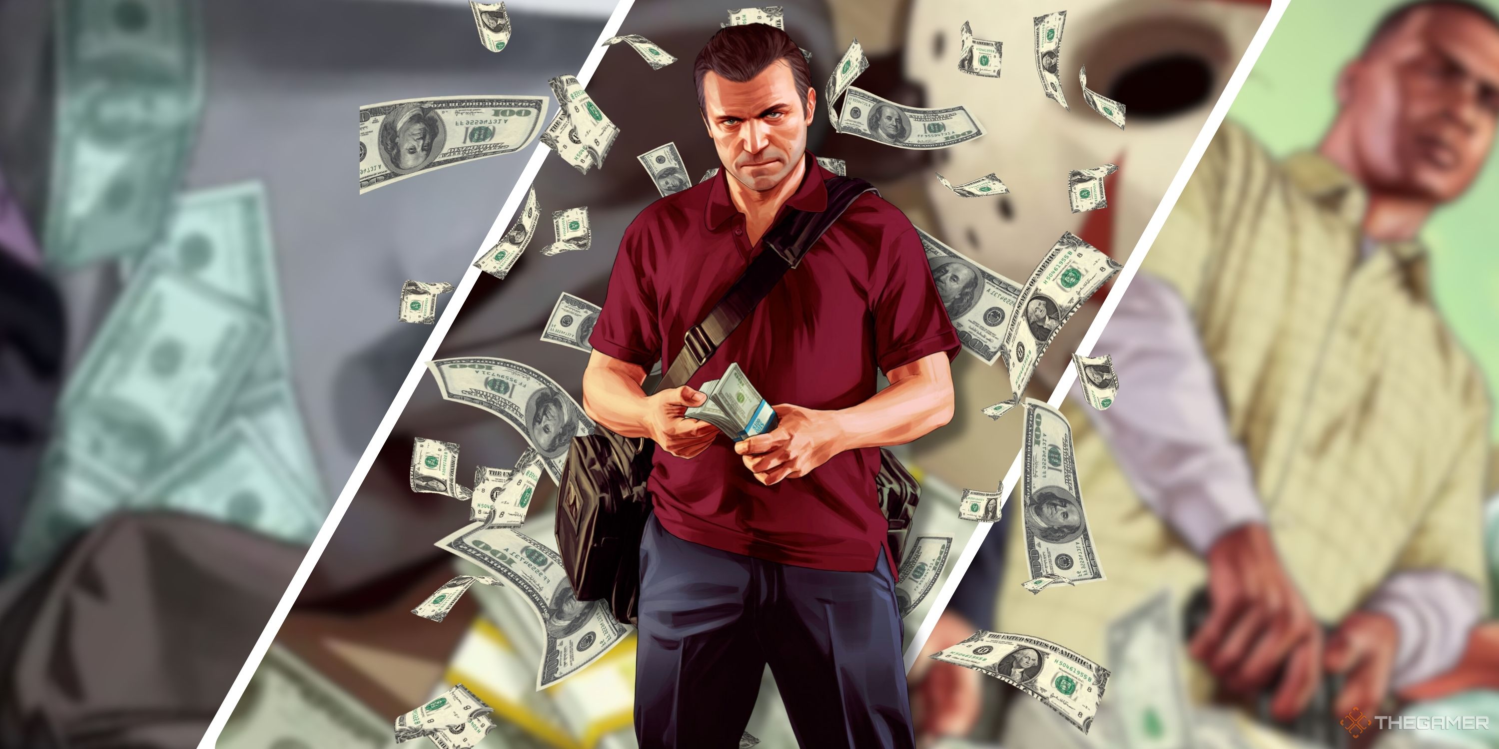Collage image featuring three screenshots from GTA 5 and Michael Counting money