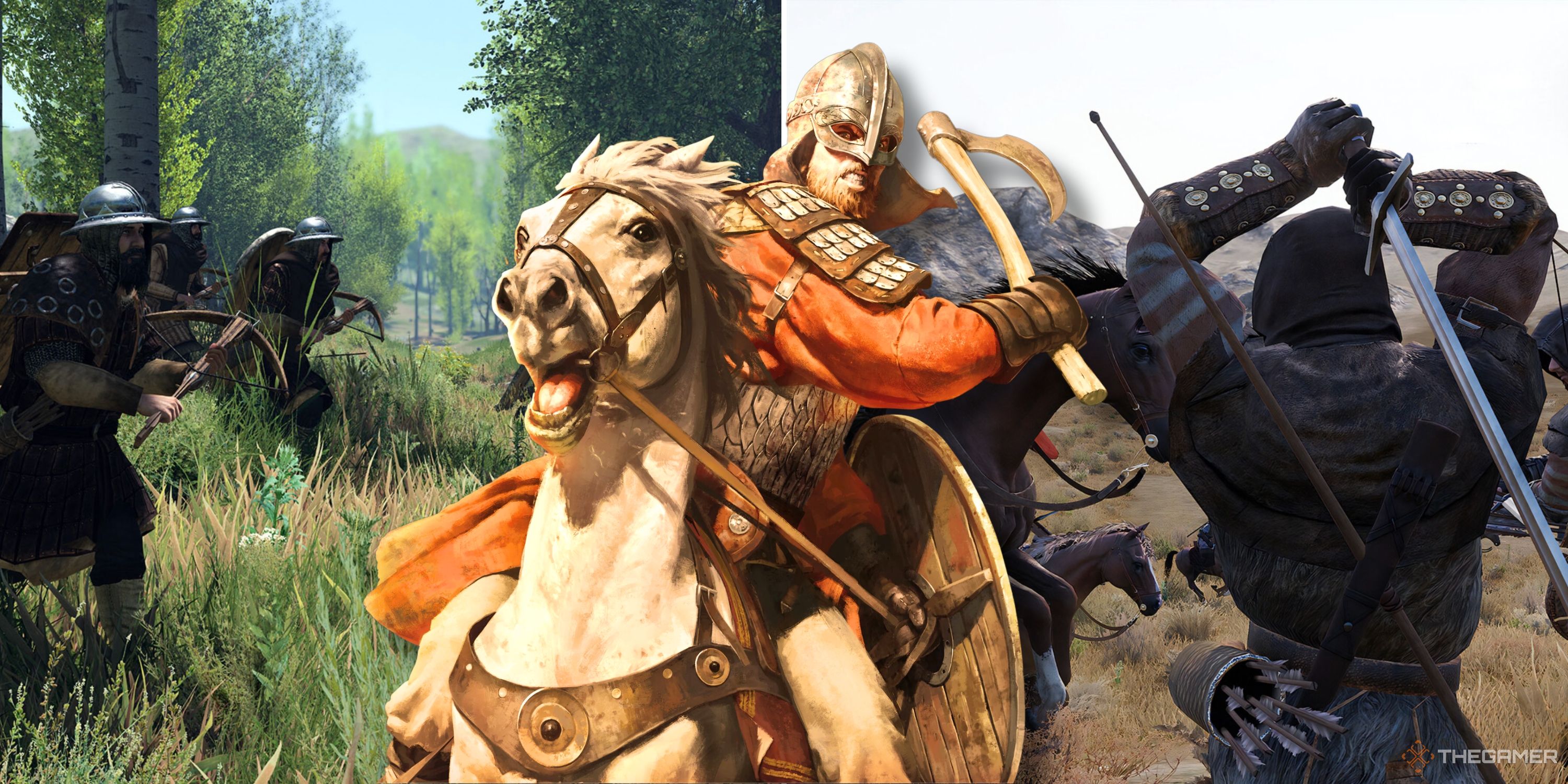 Collage image featuring two battles from Mount & Blade 2 along with a soldier riding in on a horse while swinging an axe