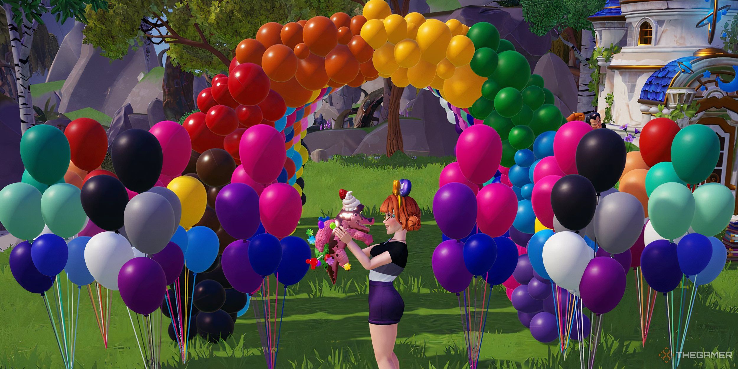 Disney Dreamlight Valley Avatar posing in front of pride balloons with chocolate crocodile