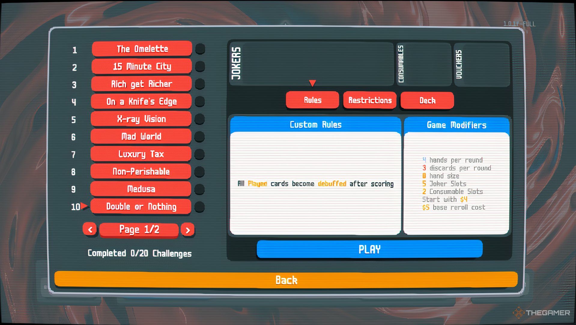 a screenshot of the Challenge Mode menu selection in Balatro, highlighting the challenge Double Or Nothing.
