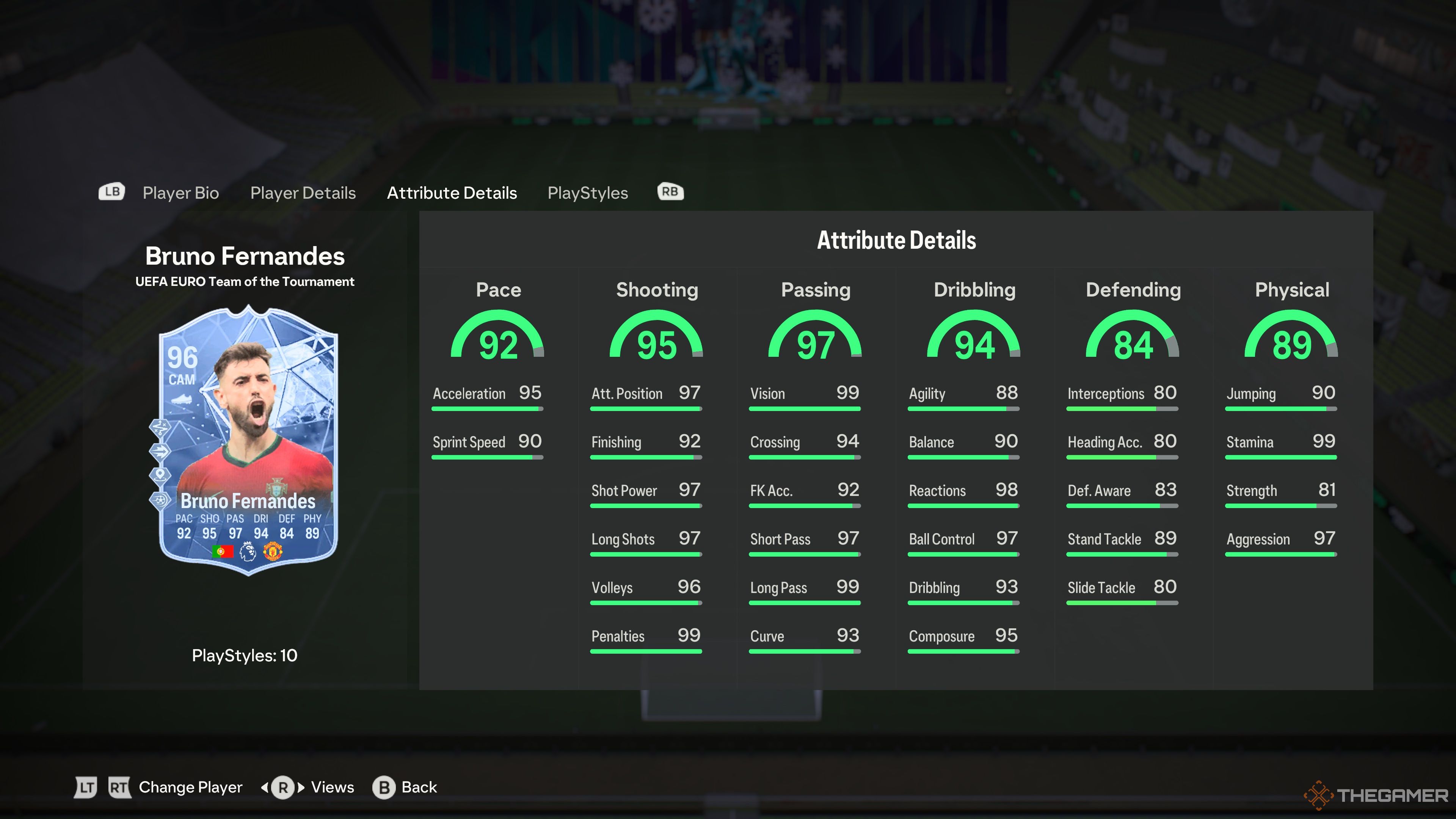Team Of The Tournament Bruno Fernandes' attributes in the menu of EA Sports FC 24.