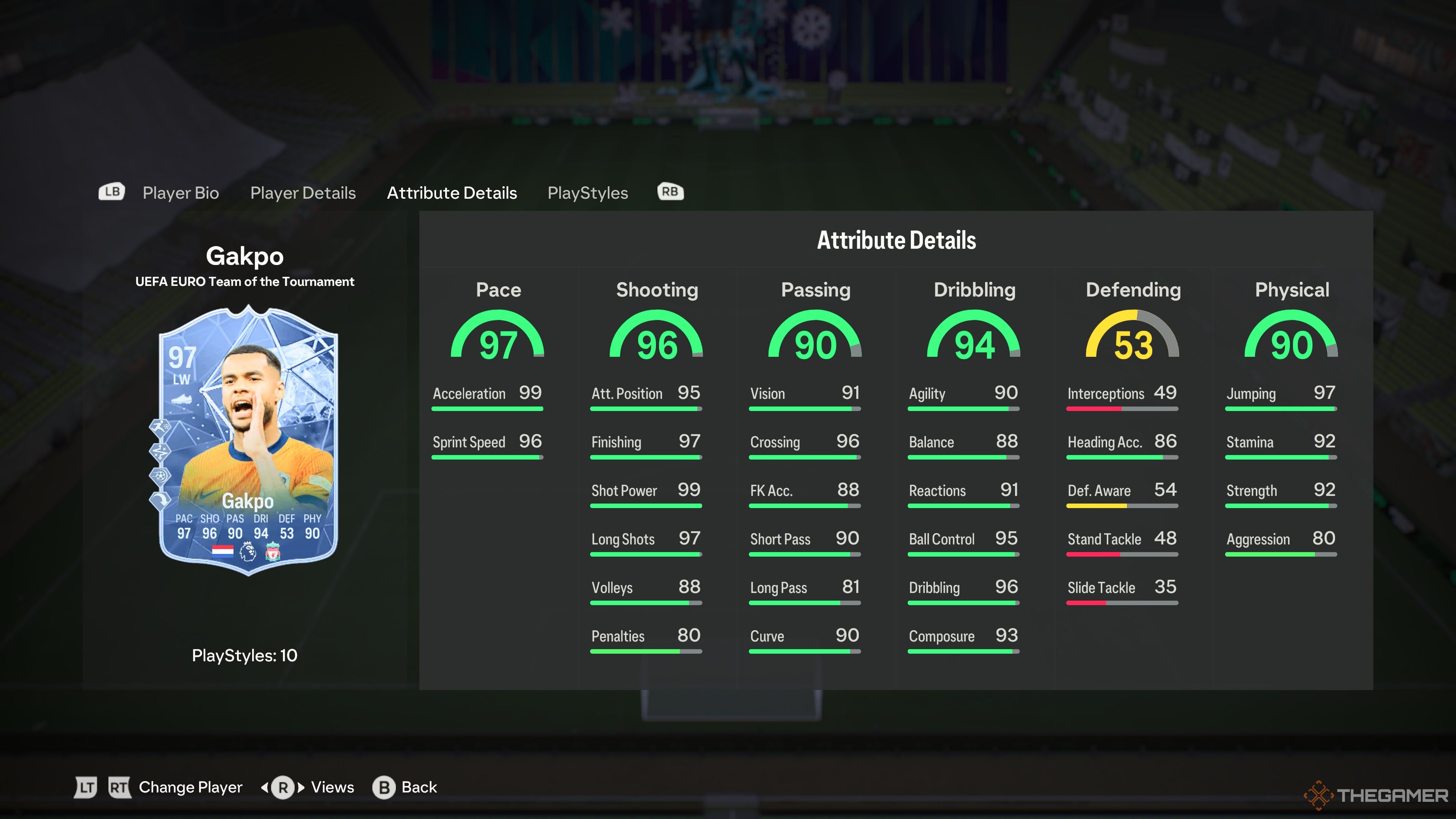Team Of The Tournament Players Cody Gakpo's attributes in the menu of EA Sports FC 24.