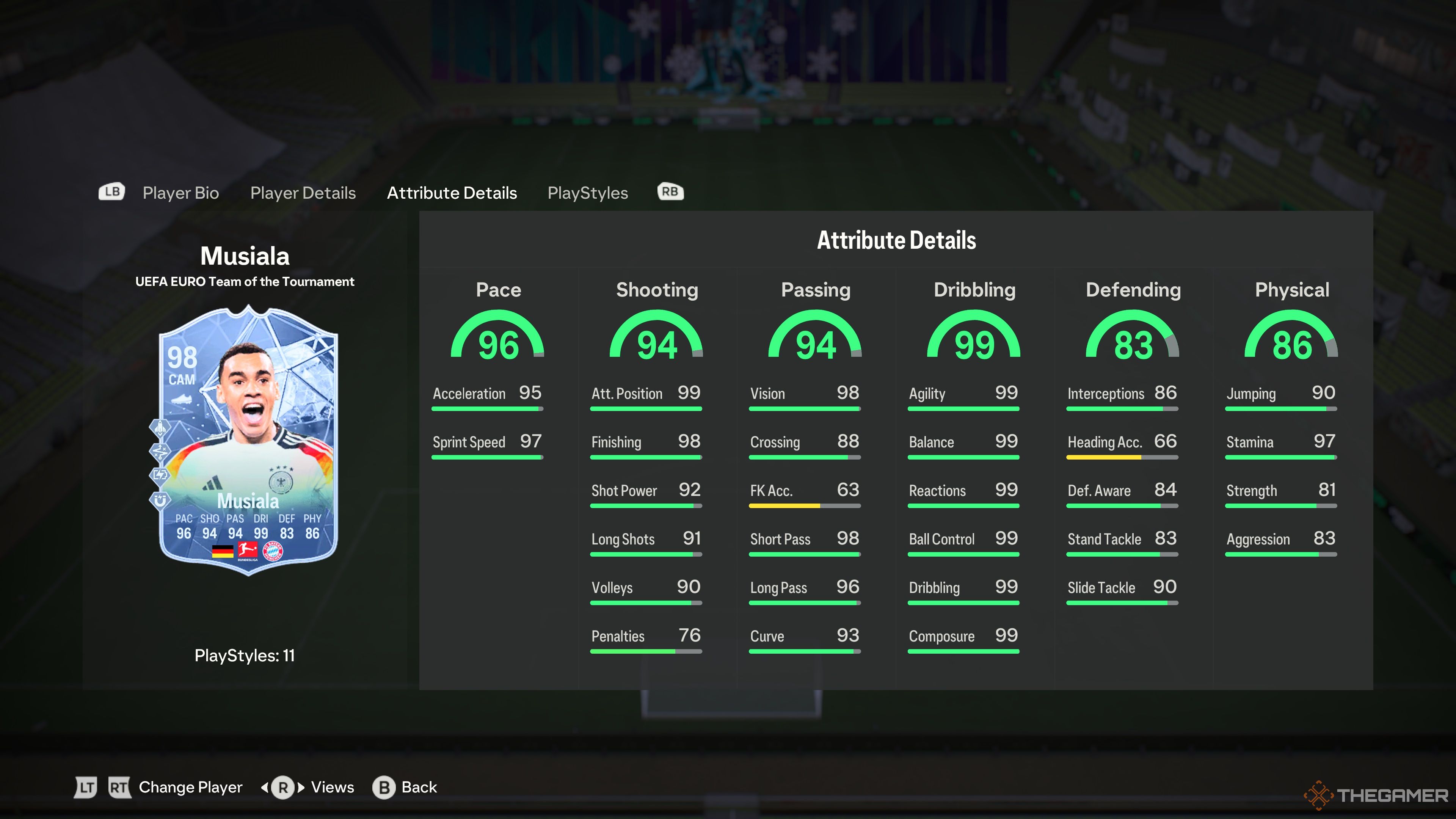 Team Of The Tournament Jamal Musiala's attributes in the menu of EA Sports FC 24.