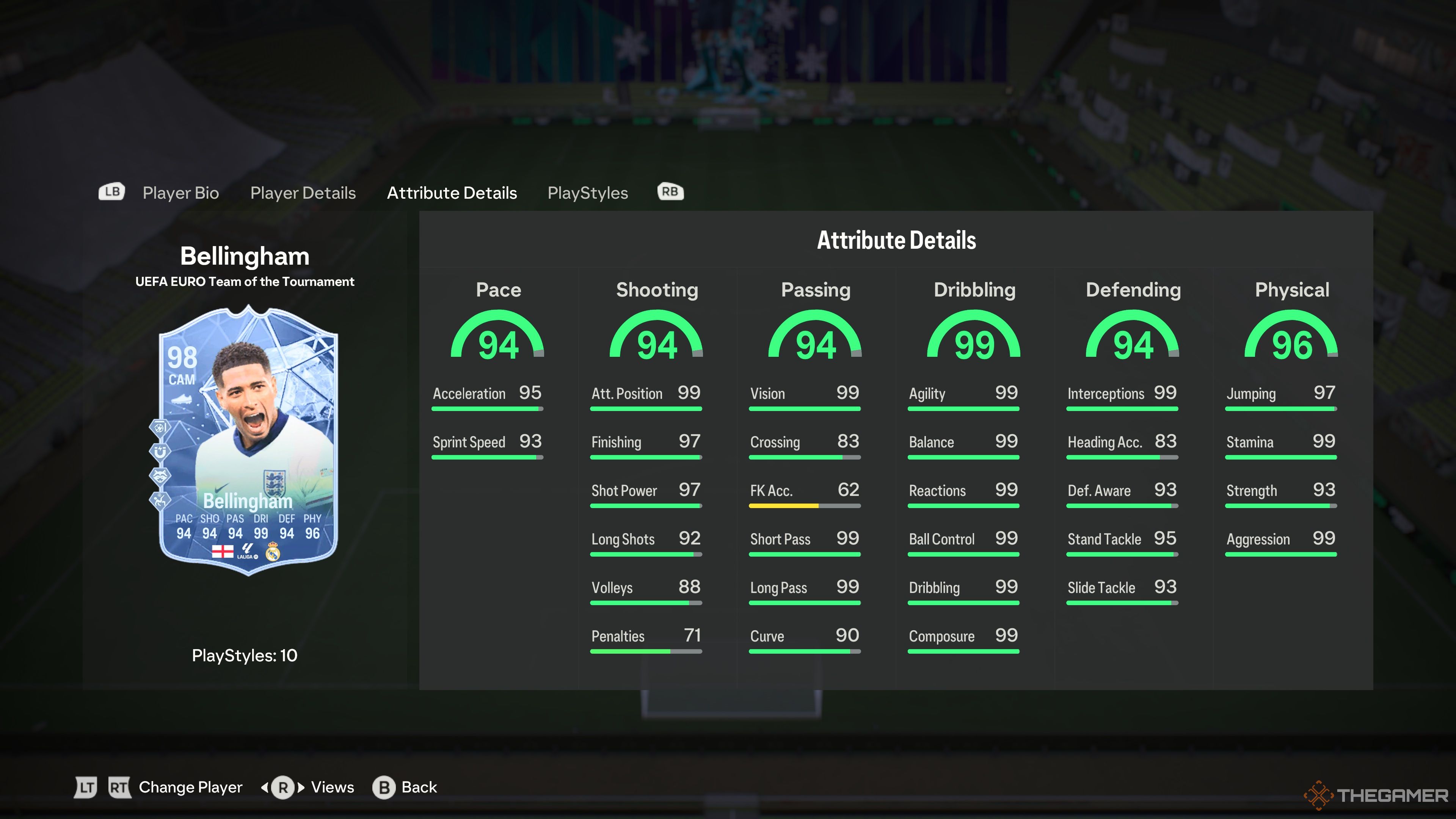 Team Of The Tournament Players Jude Bellingham's attributes in the menu of EA Sports FC 24.