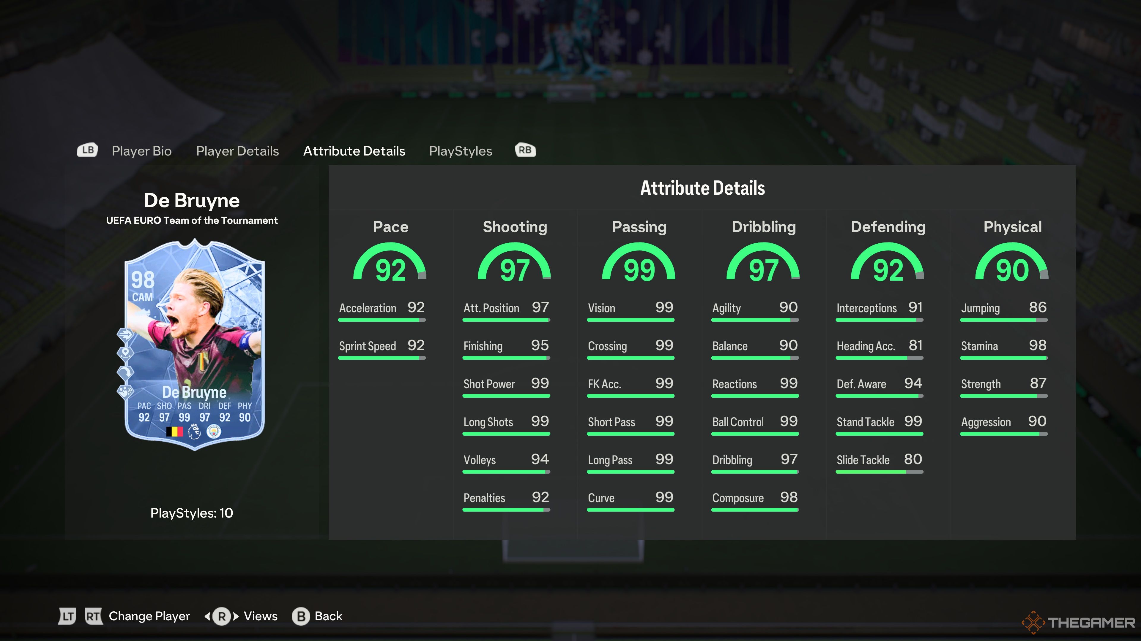 Team Of The Tournament Players Kevin De Bruyne's attributes in the menu of EA Sports FC 24.