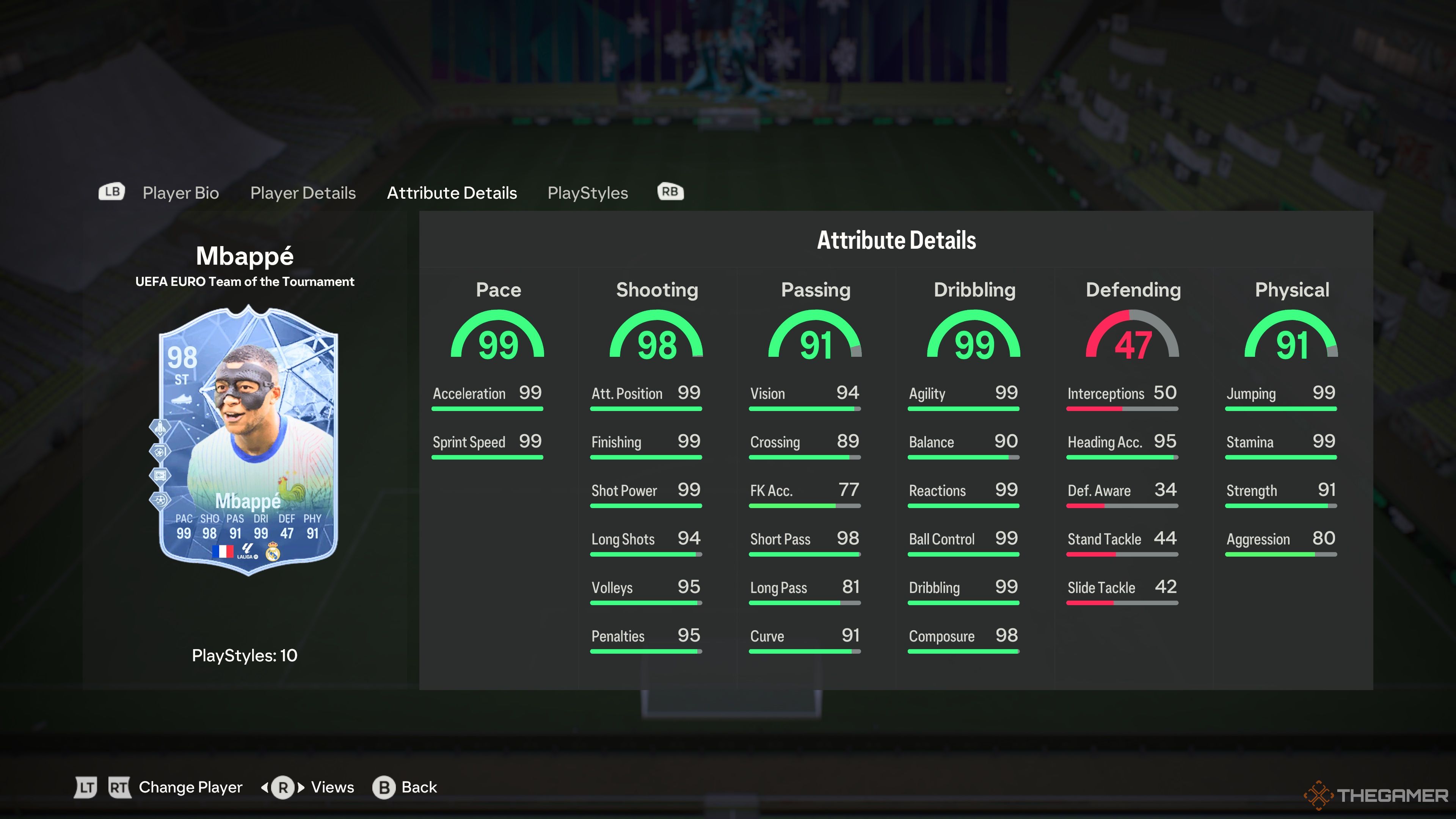 Team Of The Tournament Players Kylian Mbappe's attributes in the menu of EA Sports FC 24.