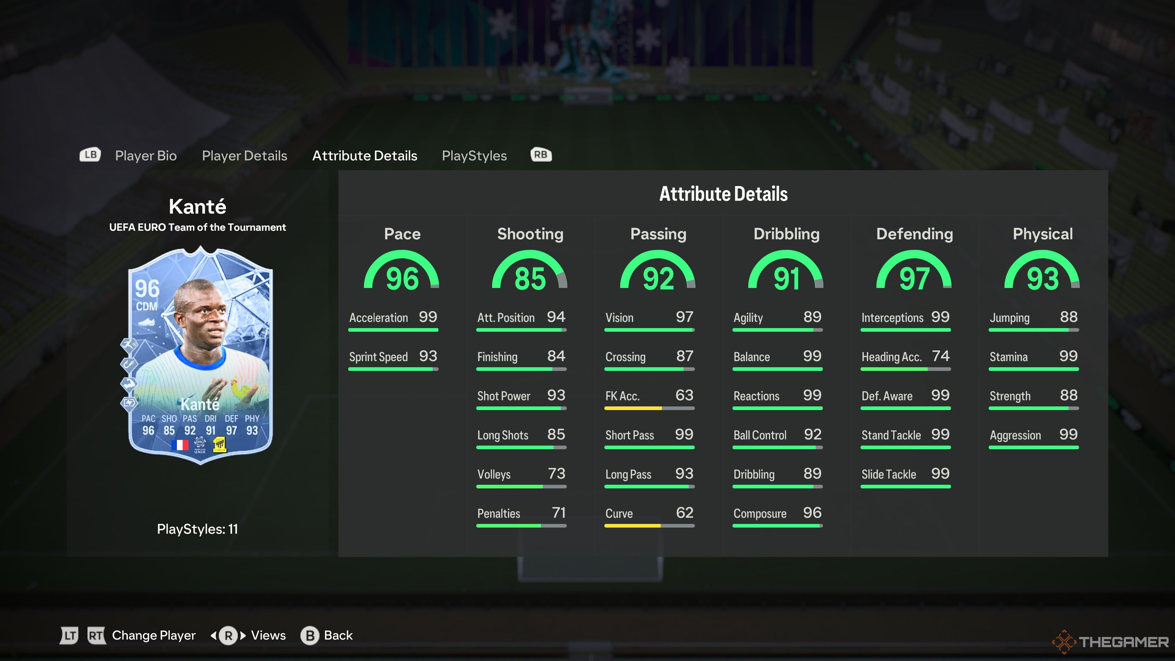 Team Of The Tournament NGolo Kante's attributes in the menu of EA Sports FC 24.