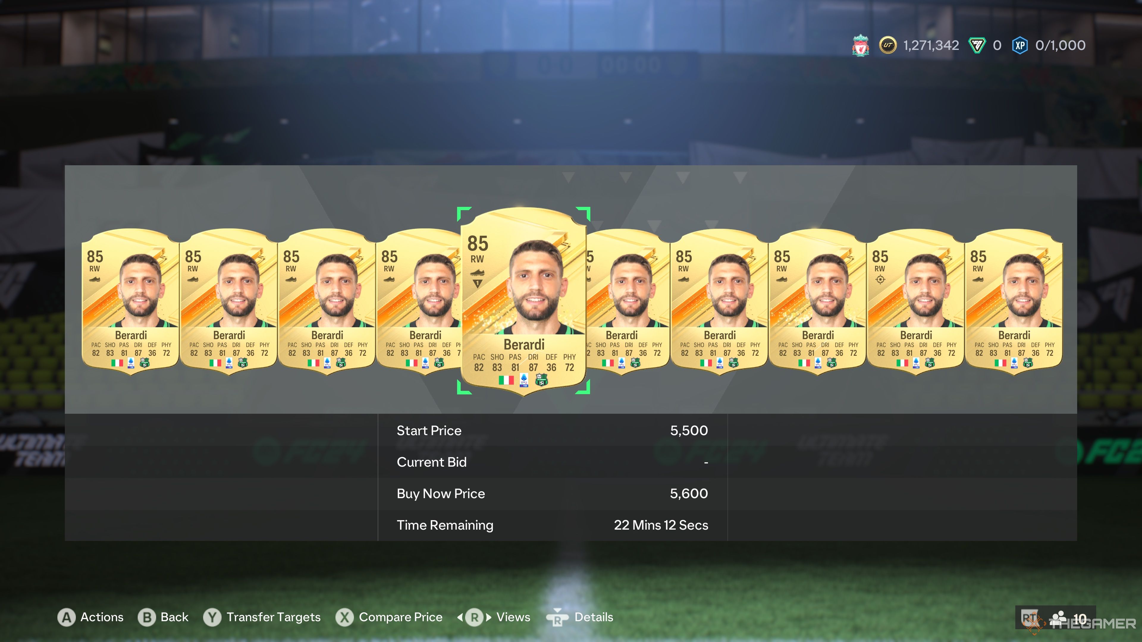 Domenico Berardi cards in the Transfer Search menu of EA Sports FC 24.