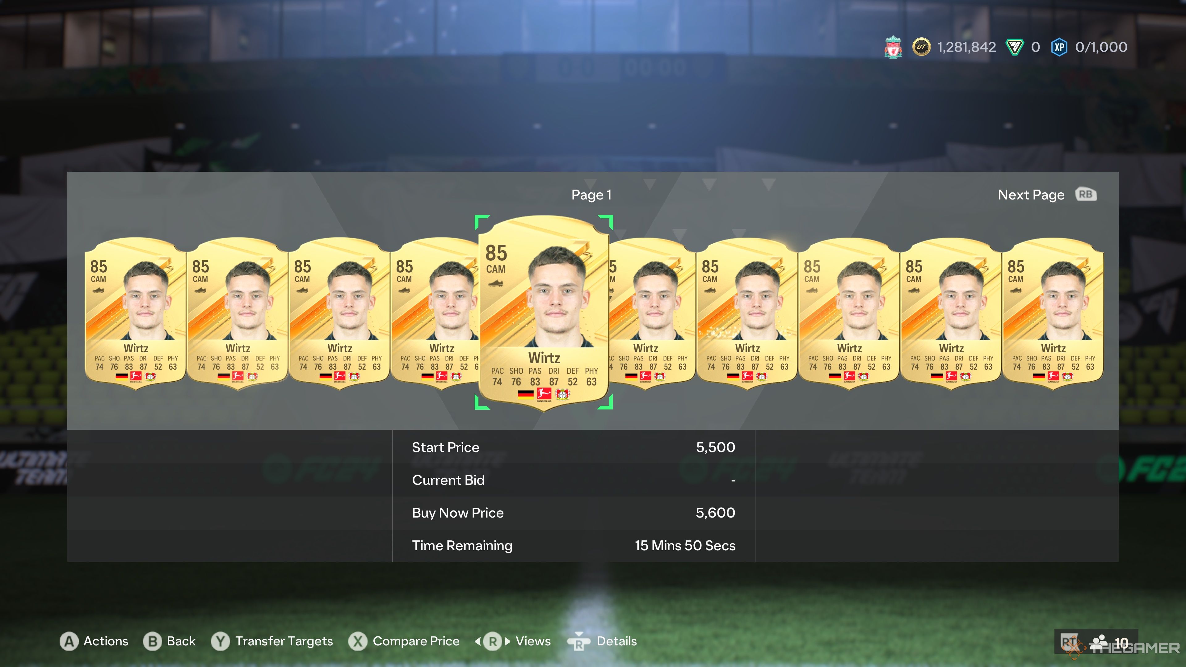 Florian Wirtz cards in the Transfer Search menu of EA Sports FC 24.
