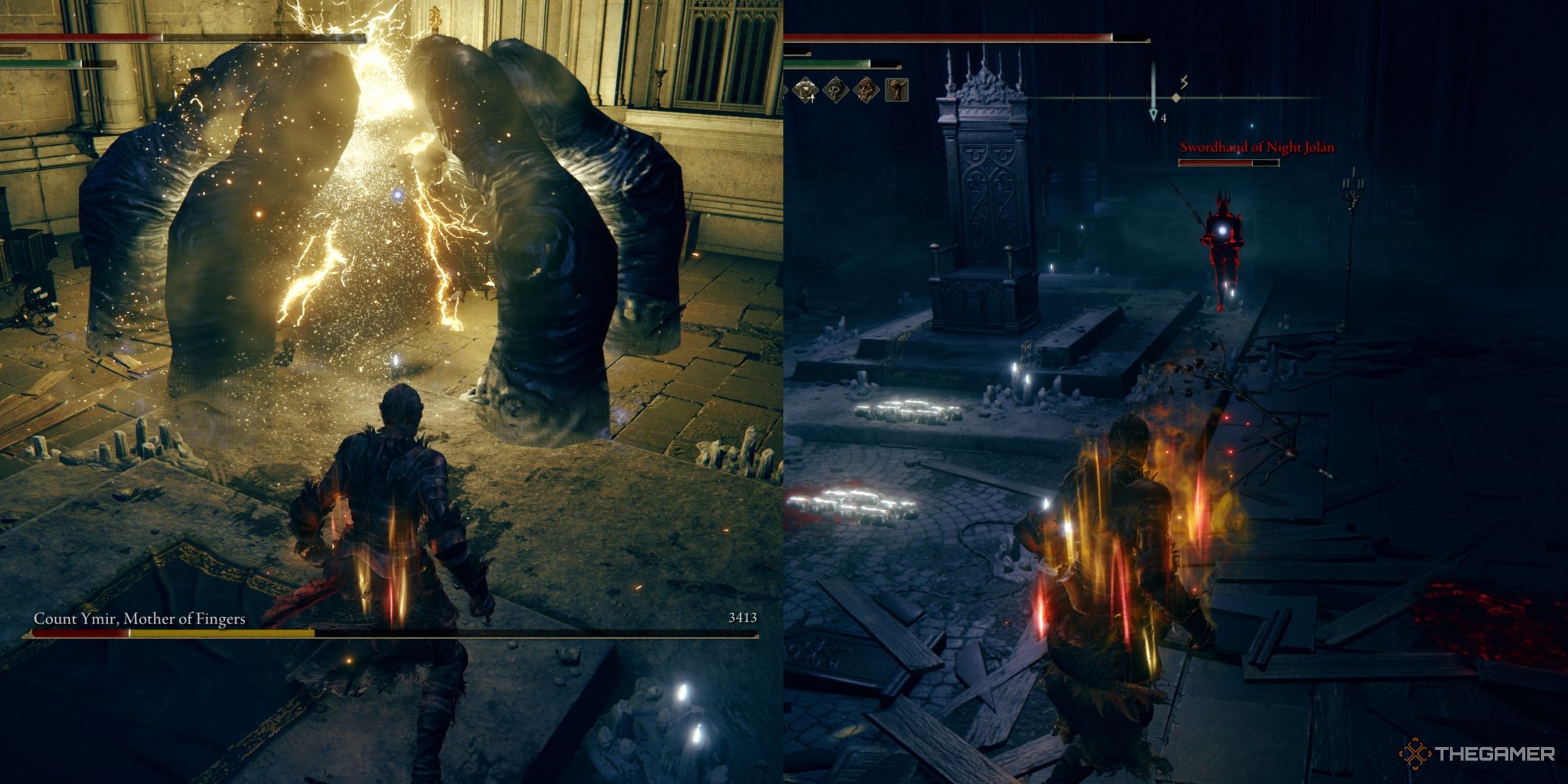 A split image of Ymir, Mother of Fingers and Swordhand of Night, Jolan in Elden Ring: Shadow of the Erdtree.