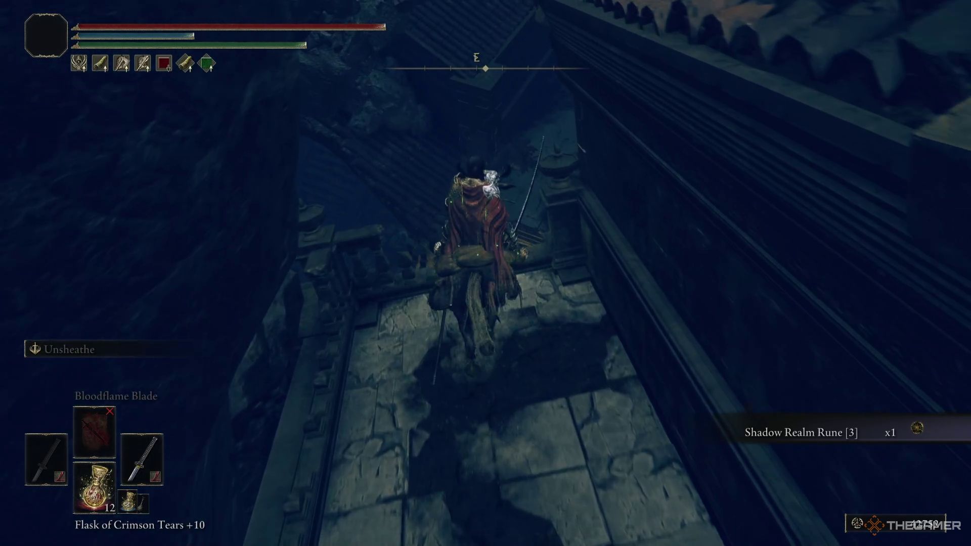 An Elden Ring Tarnished about to head through an opening in the ground in Moorth Ruins.