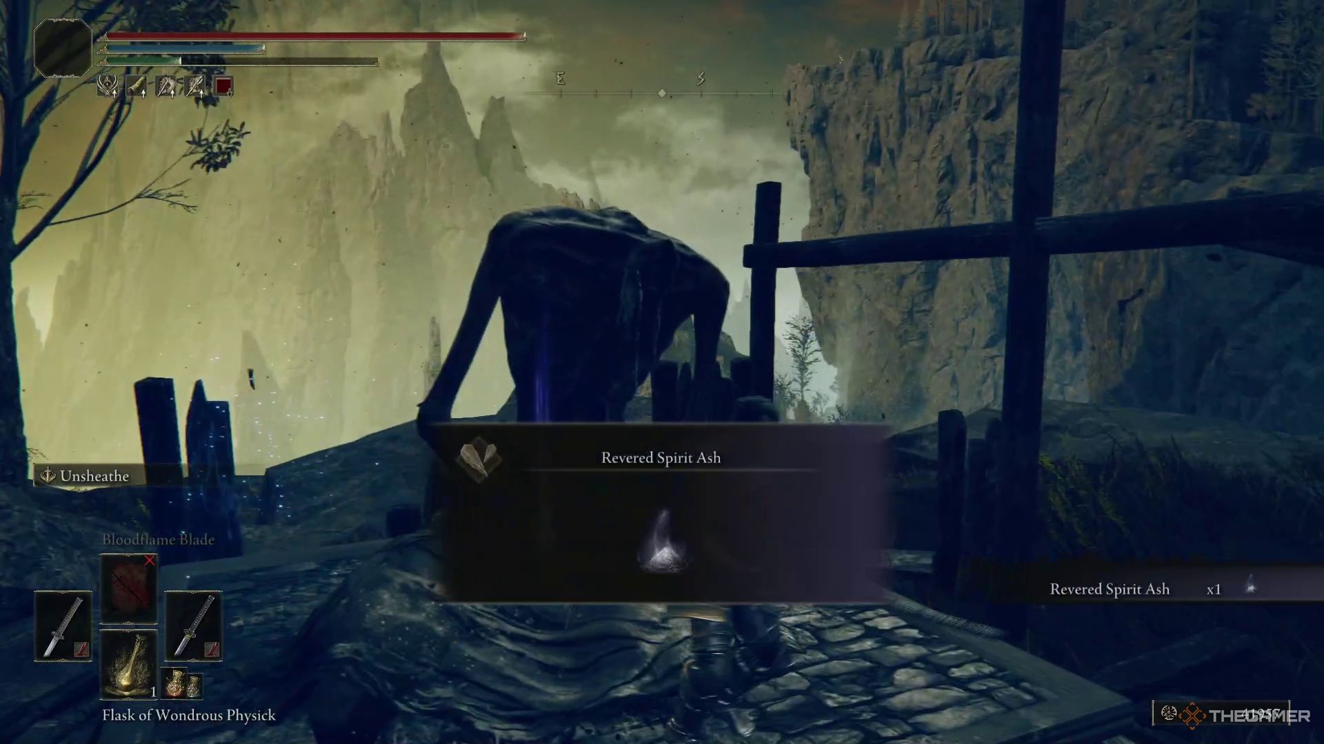 An Elden Ring Tarnished collecting a Revered Spirit Ash in the Moorth Ruins.