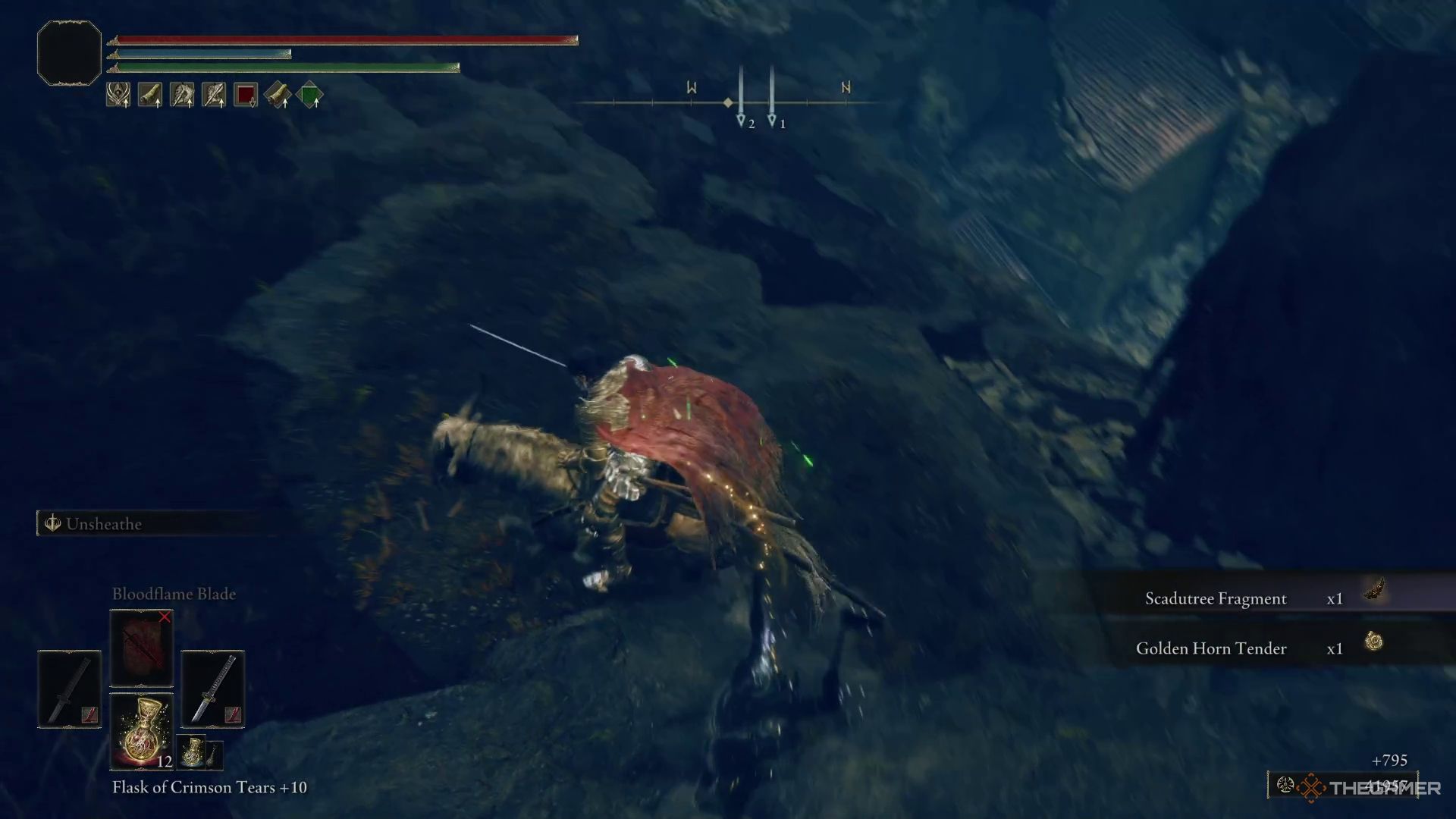 An Elden Ring Tarnished obtaining a Scadutree Fragment after killing a enemy in the Moorth Ruins.