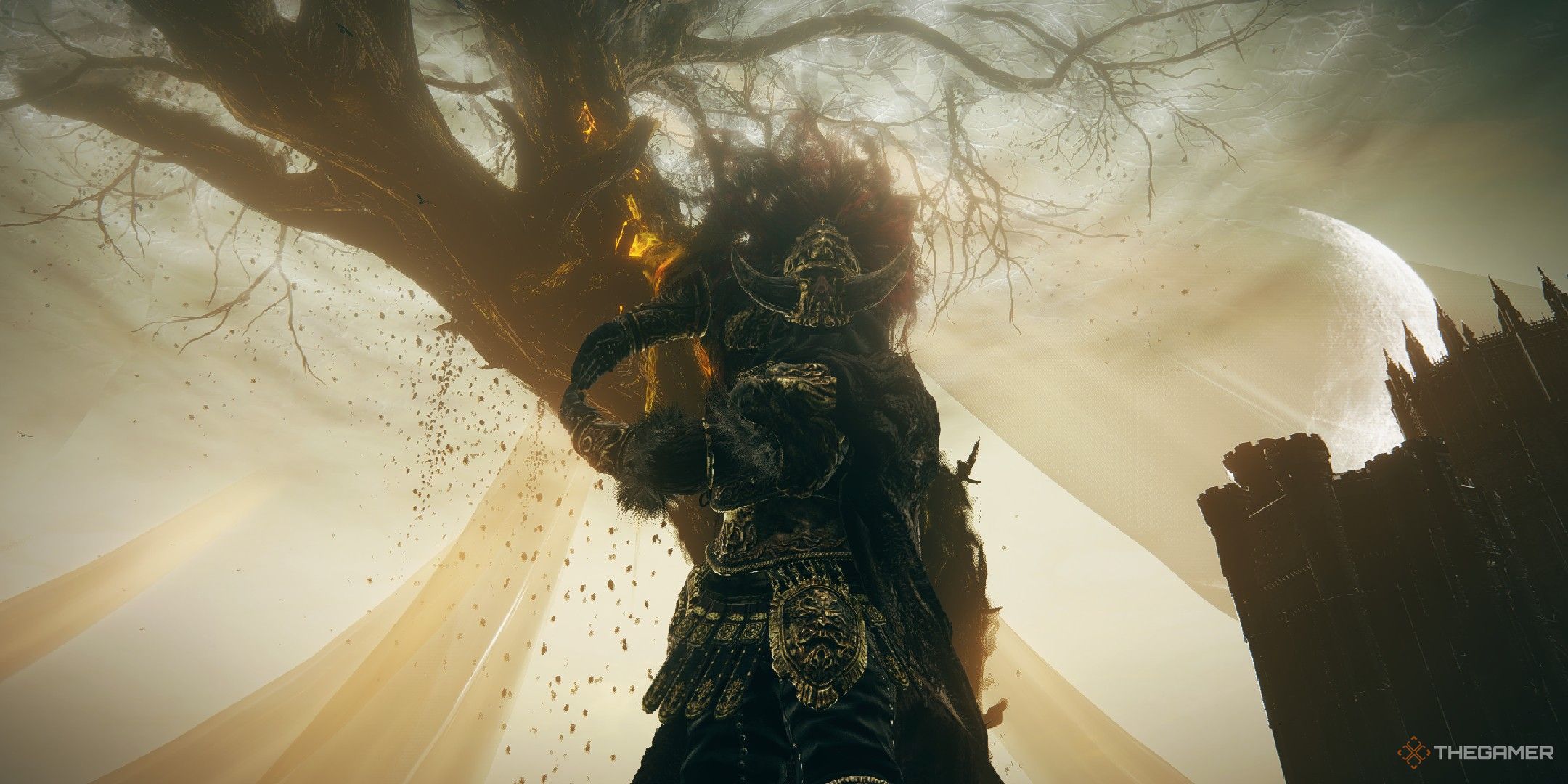 Elden Ring player using Radahn's set with the Scadutree behind them