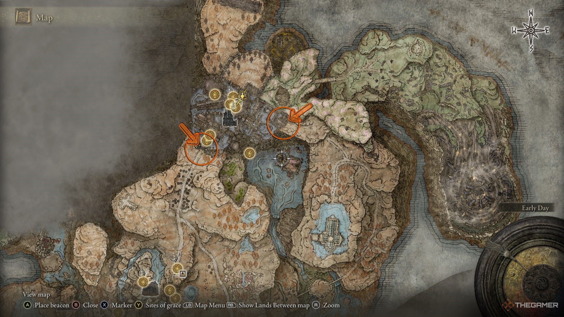 Both entrances to Shadow Keep marked on a map in Elden Ring: Shadow of the Erdtree.