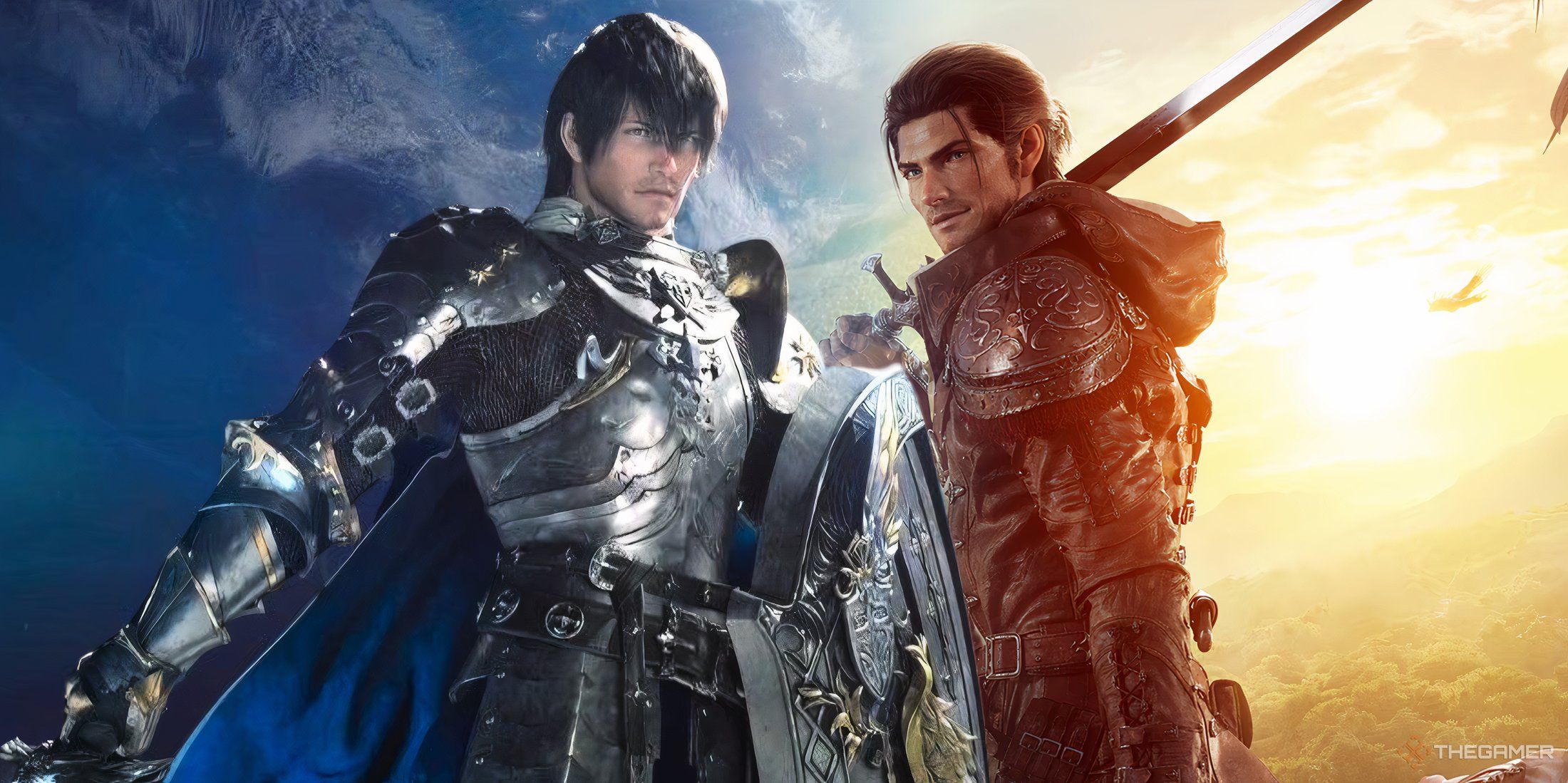 A photo of promotional photos for both Final Fantasy 14: Dawntrail and Endwalker side-by-side.