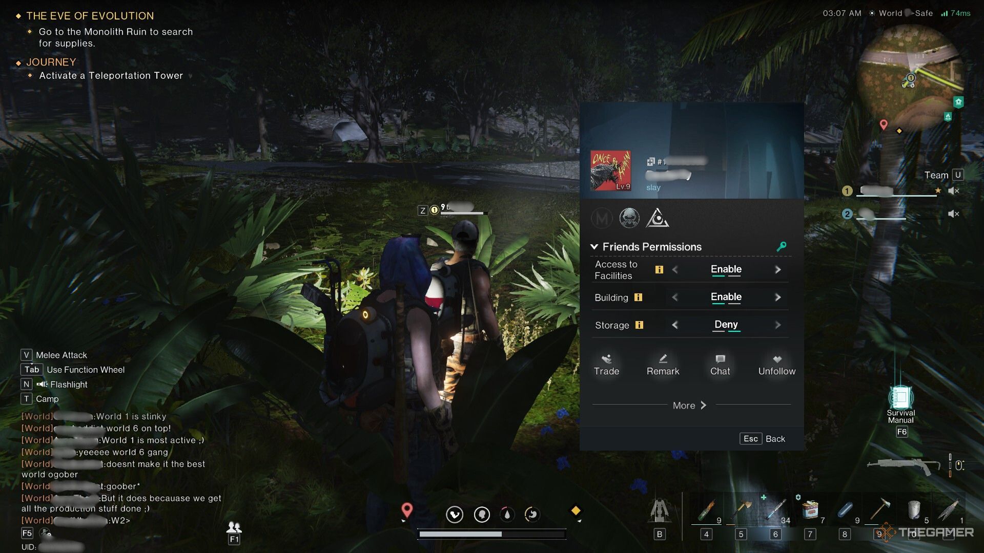 A screenshot of Once Human showing the UI on how to edit friend permissions at night.
