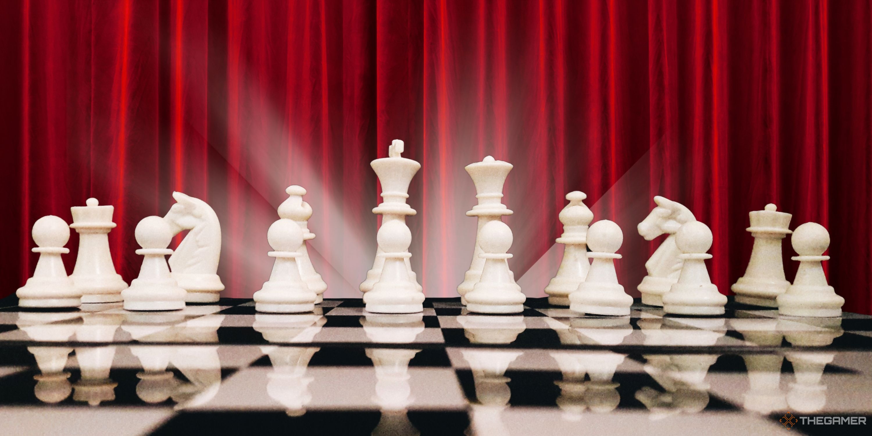 Image showing a chessboard with the white pieces in front of a red curtain
