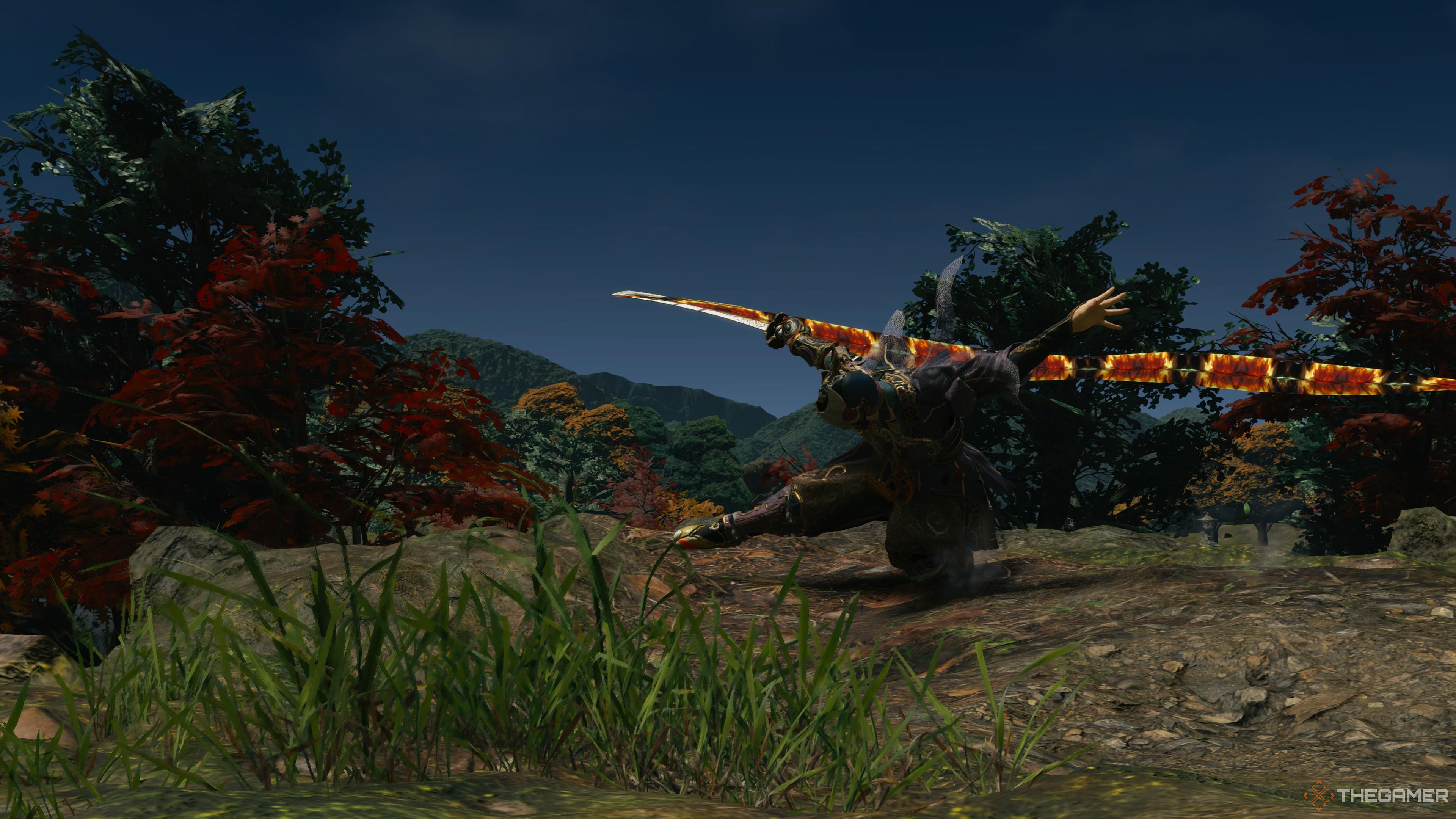 VSoh performing a Lunge attack on the edge of a small cliff in Kunitsu-Gami: Path of the Goddess.