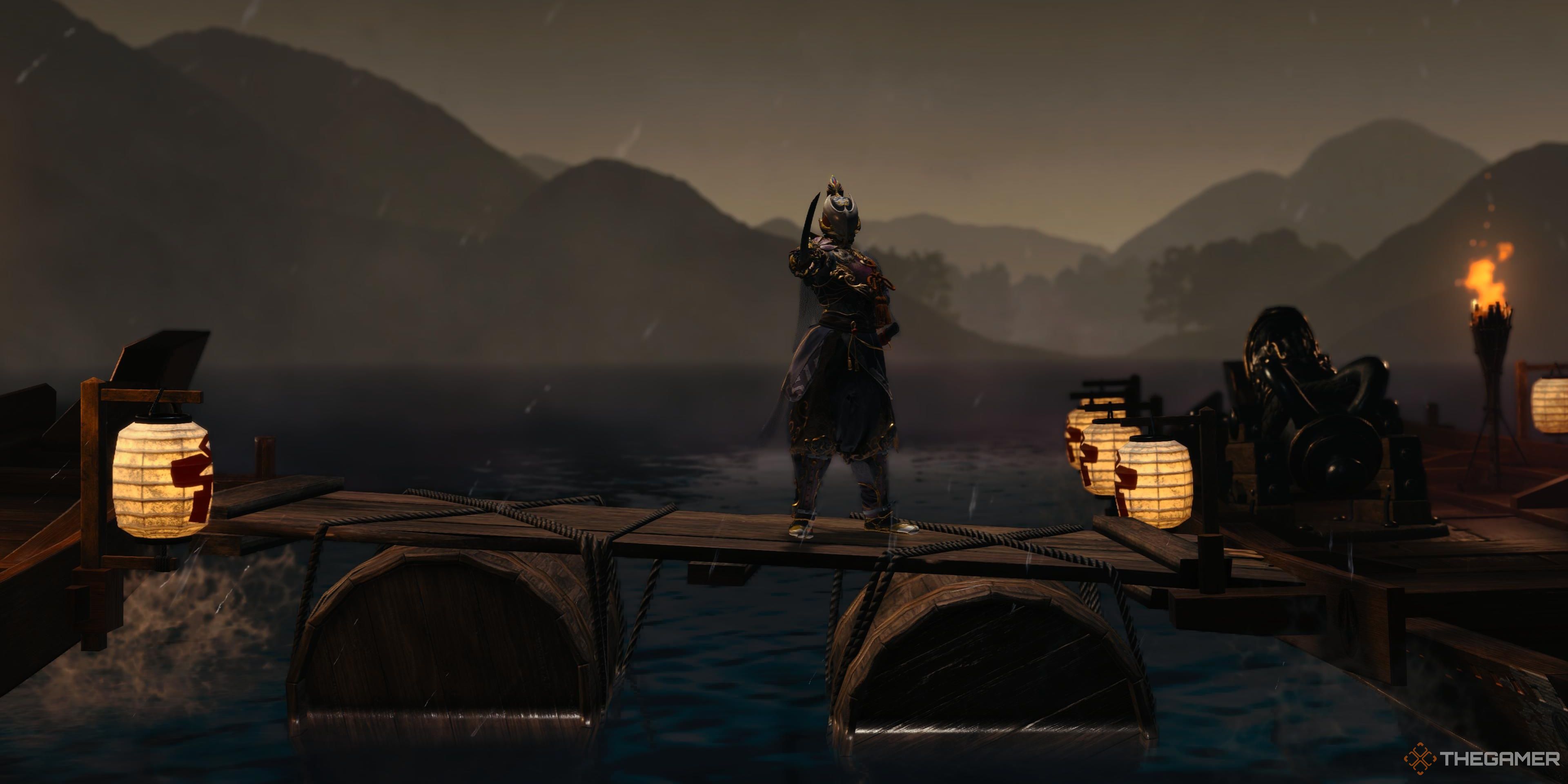 Soh holding their sword outwards on a boat as the sun rises in Korai Valley in Kunitsu-Gami: Path of the Goddess.
