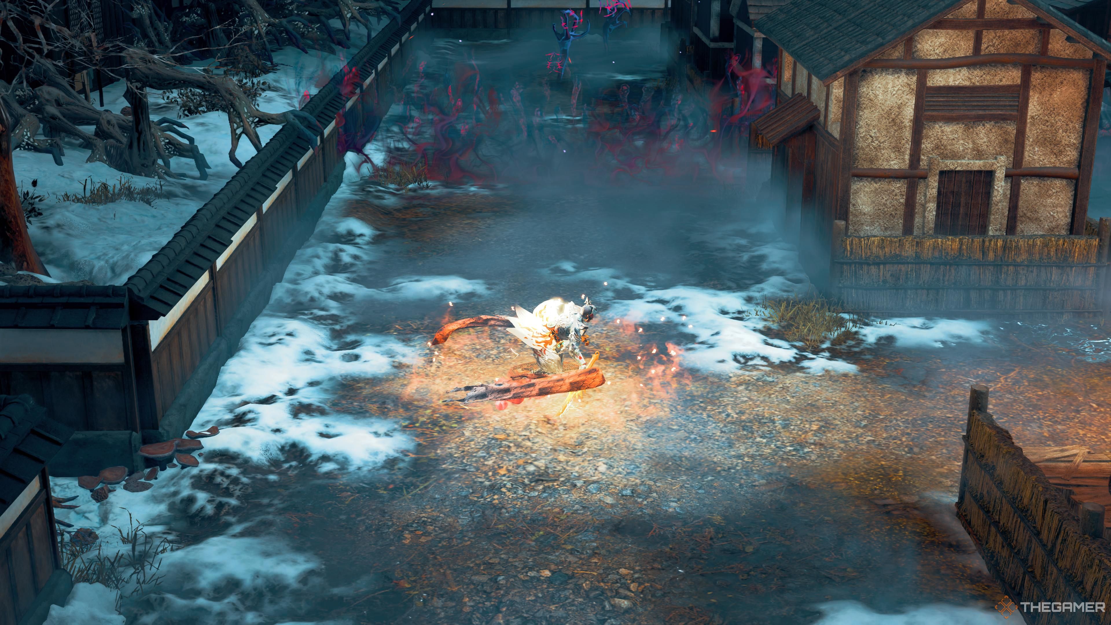Kunitsu Gami Path of the Goddess. Soh putting down a mine in the Yatsukahagi boss arena before battle.