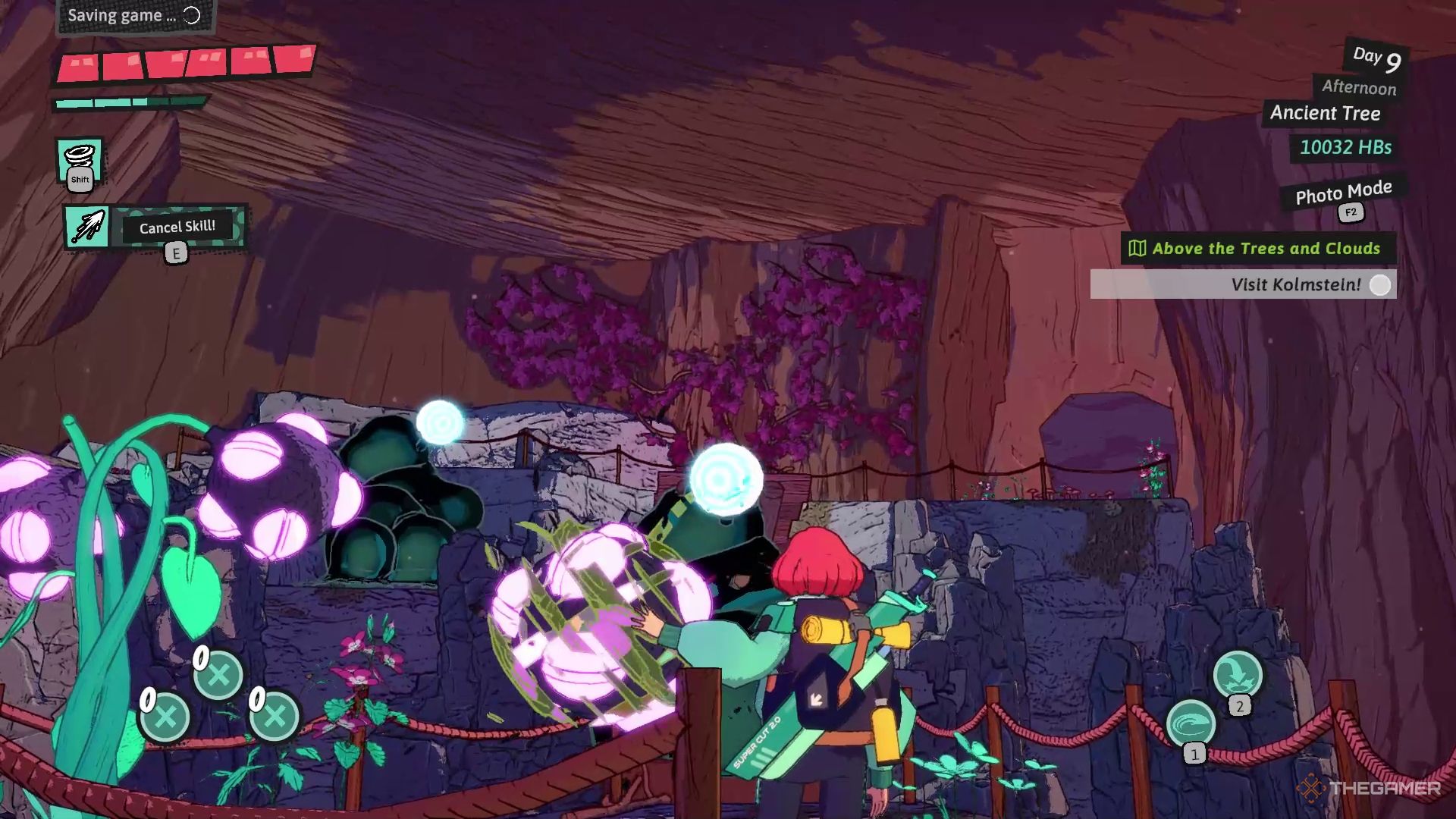 Luisa aiming a flower bomb at the black goop in the Ancient Tree in Dungeons of Hinterberg.