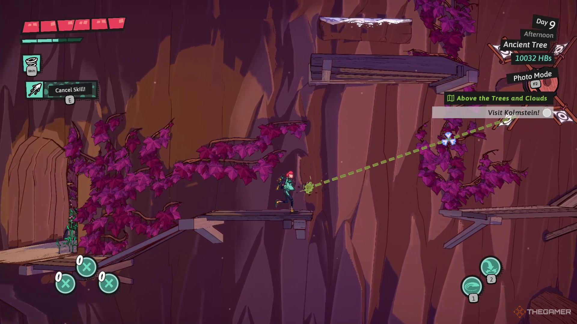 Luisa aiming her skill at a mechanism that controls a moving platform in Dungeons of Hinterberg.