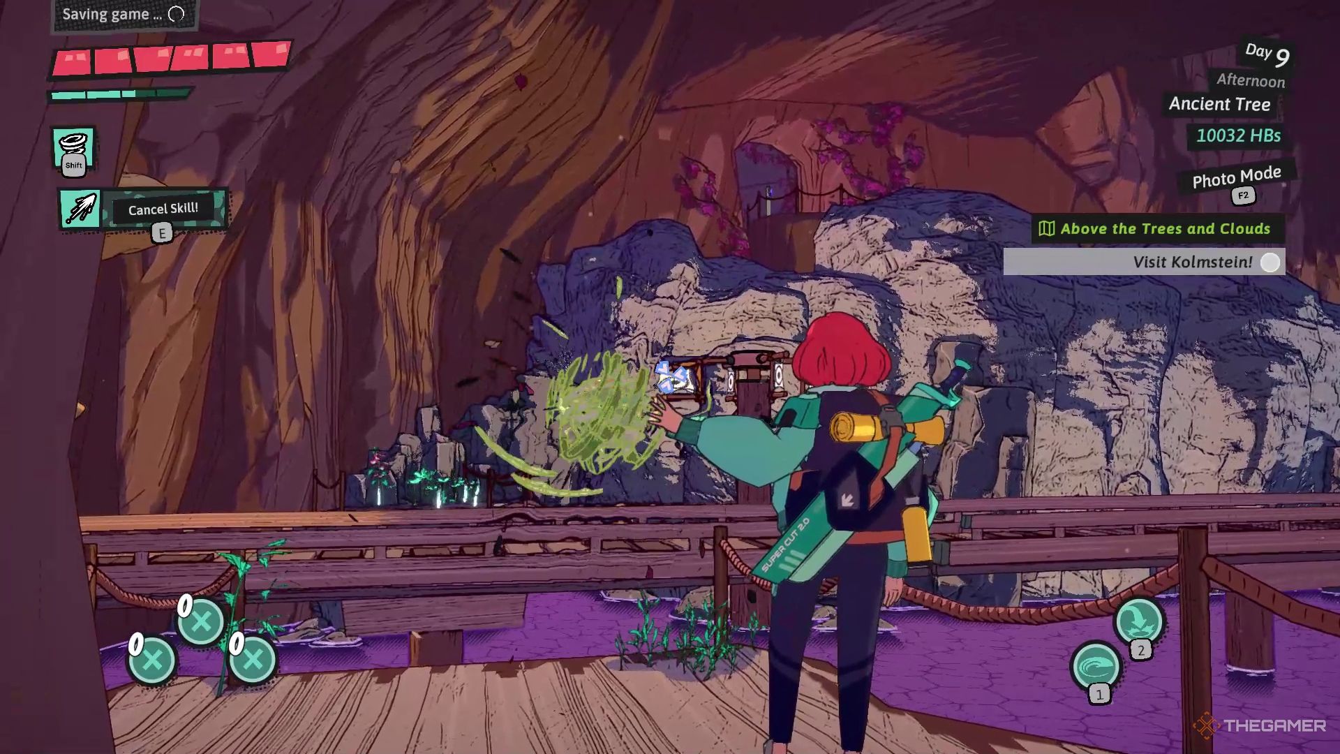 Luisa aiming her skill at a windmill that turns a wooden bridge in Dungeons of Hinterberg.