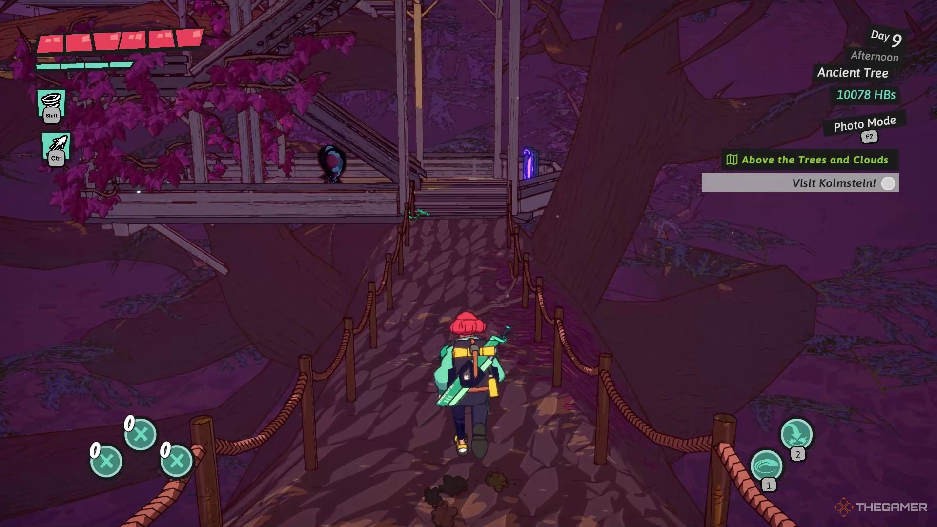 Luisa approaching a wooden platform with a Waystone in the Ancient Tree in Dungeons of Hinterberg.
