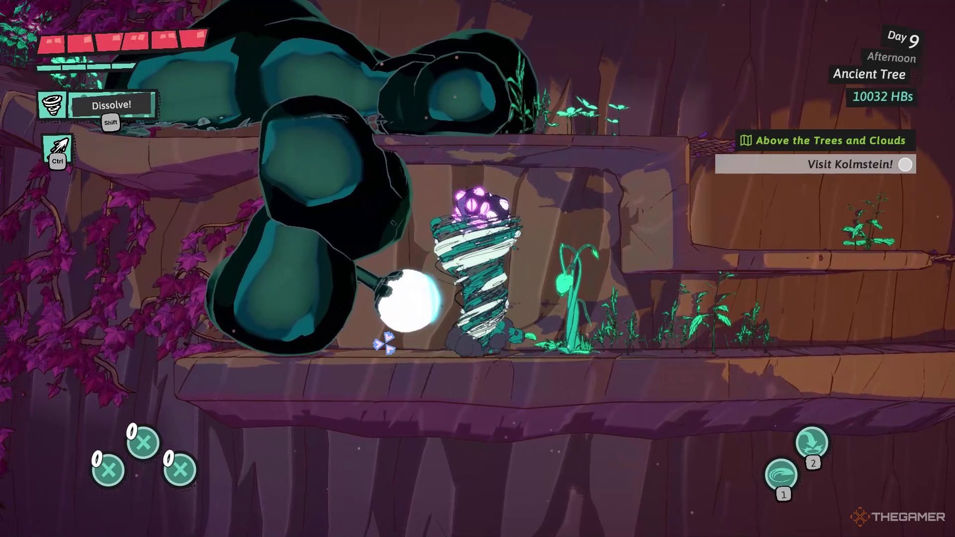 Luisa carrying flower bombs to destroy a black goop blocking her way in Dungeons of Hinterberg.