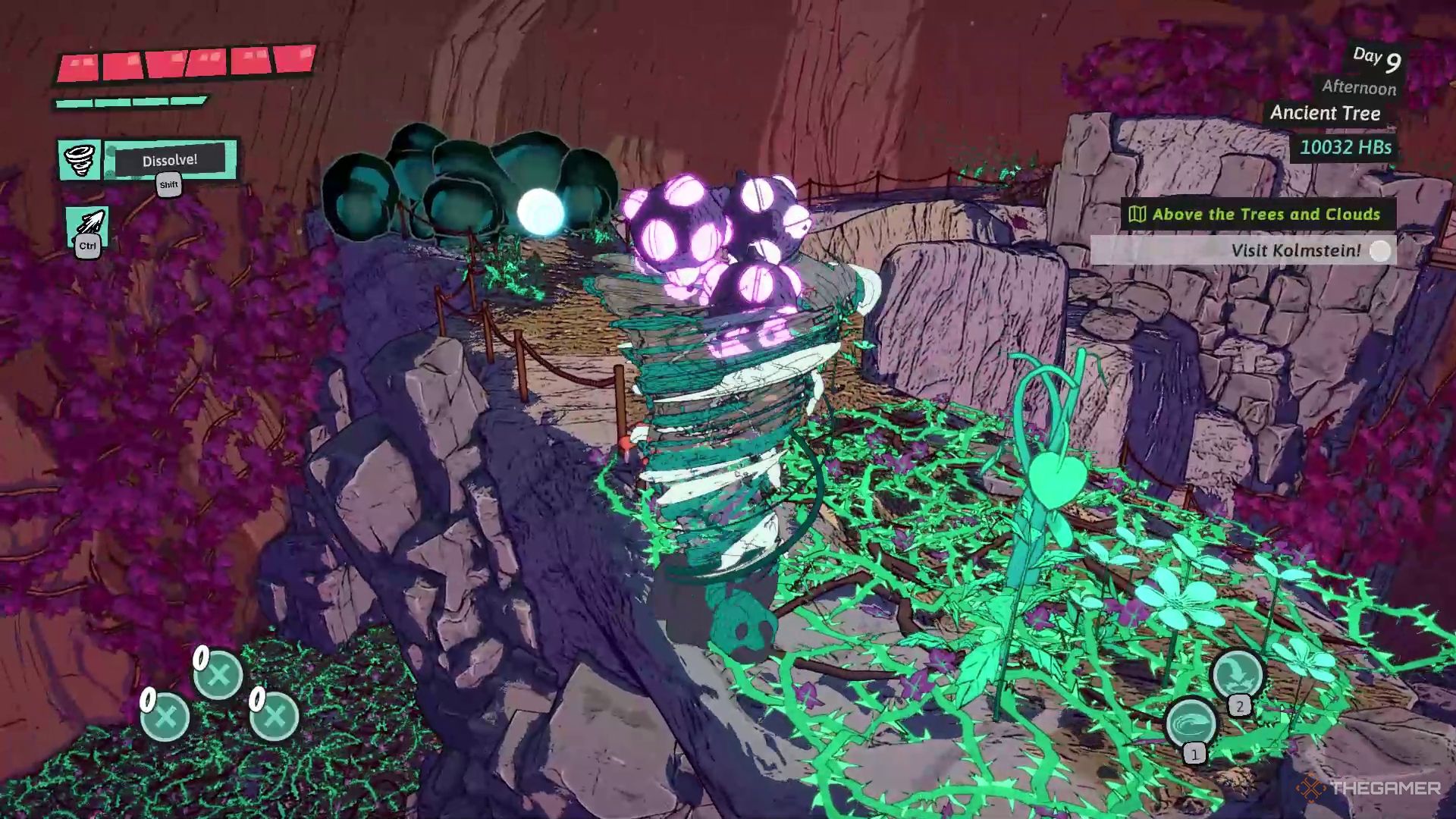 Luisa carrying three flower bombs with her Whirlwind ability in Dungeons of Hinterberg.