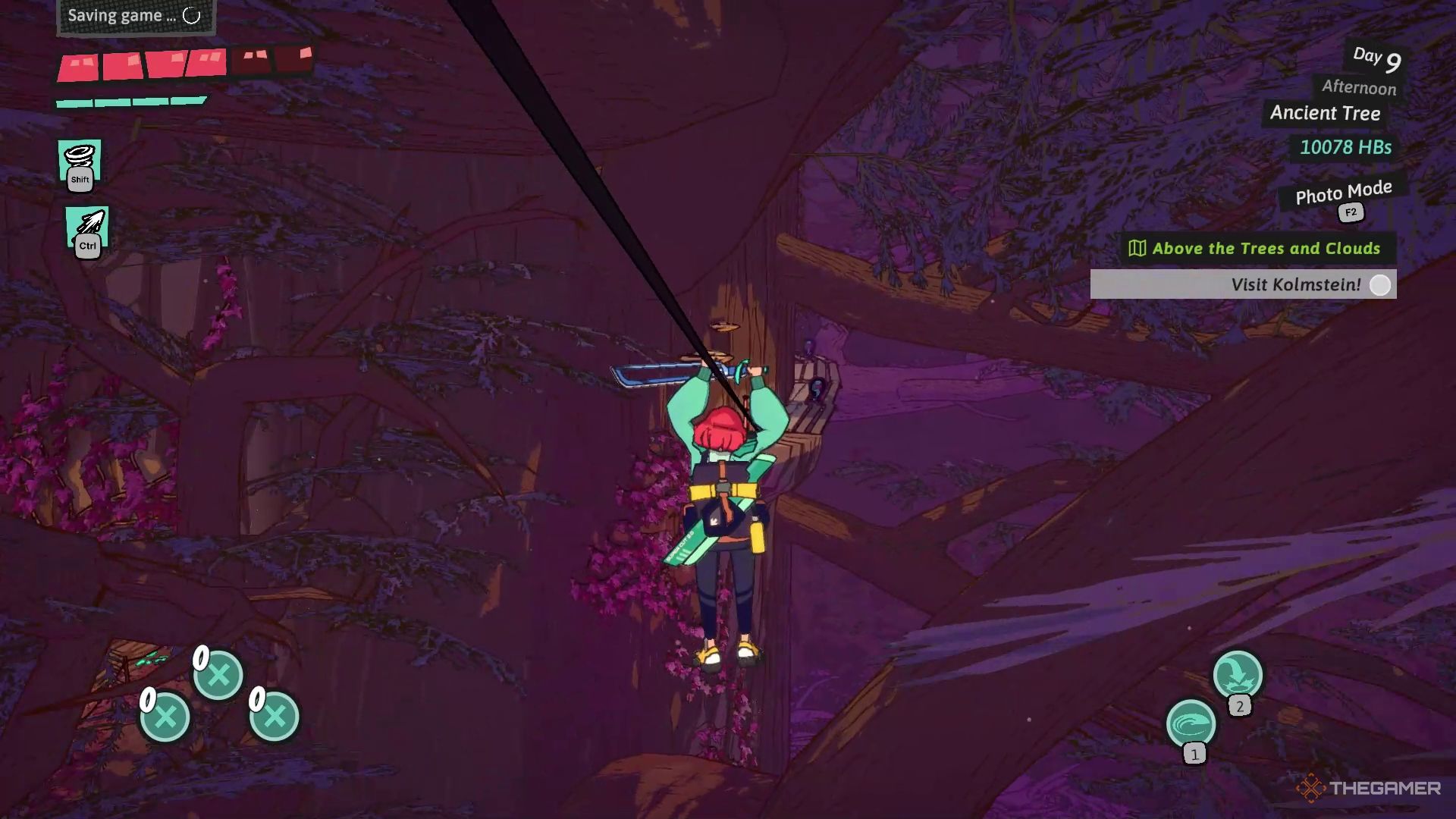 Luisa gliding through a zip line inside the Ancient Tree in Dungeons of Hinterberg.
